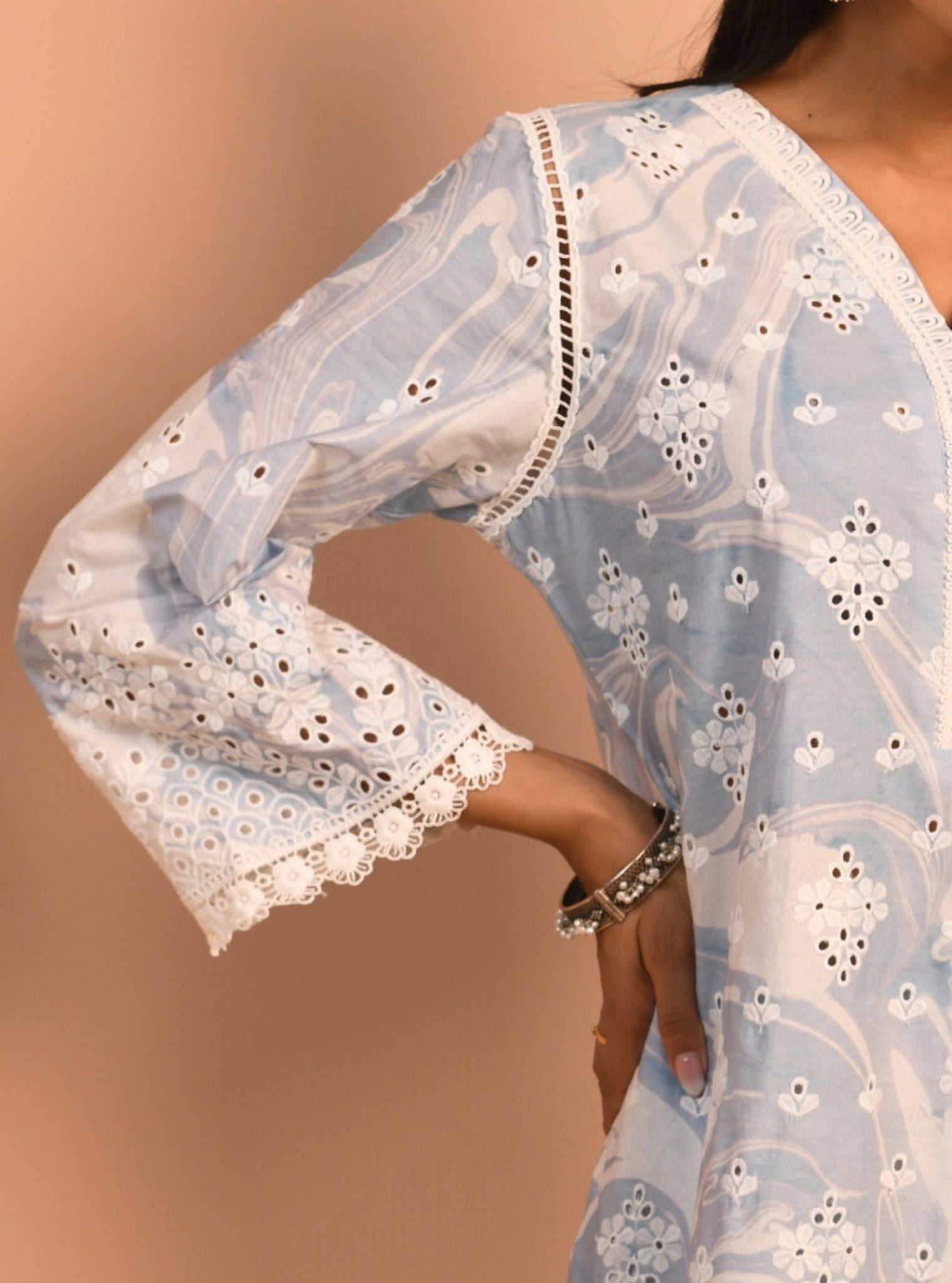 Mulmul Cotton Marble Opal Blue Kurta