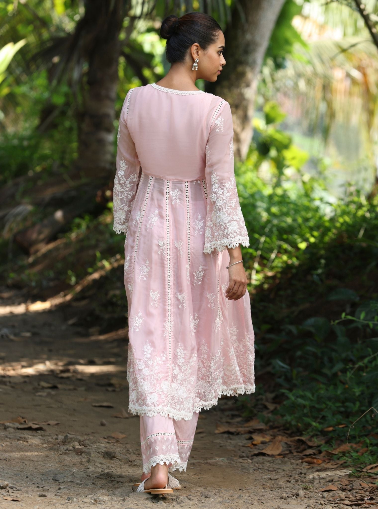 Mulmul Organza Neesa Pink Anarkali Kurta With Mulmul Cotton Neesa Pink Pant