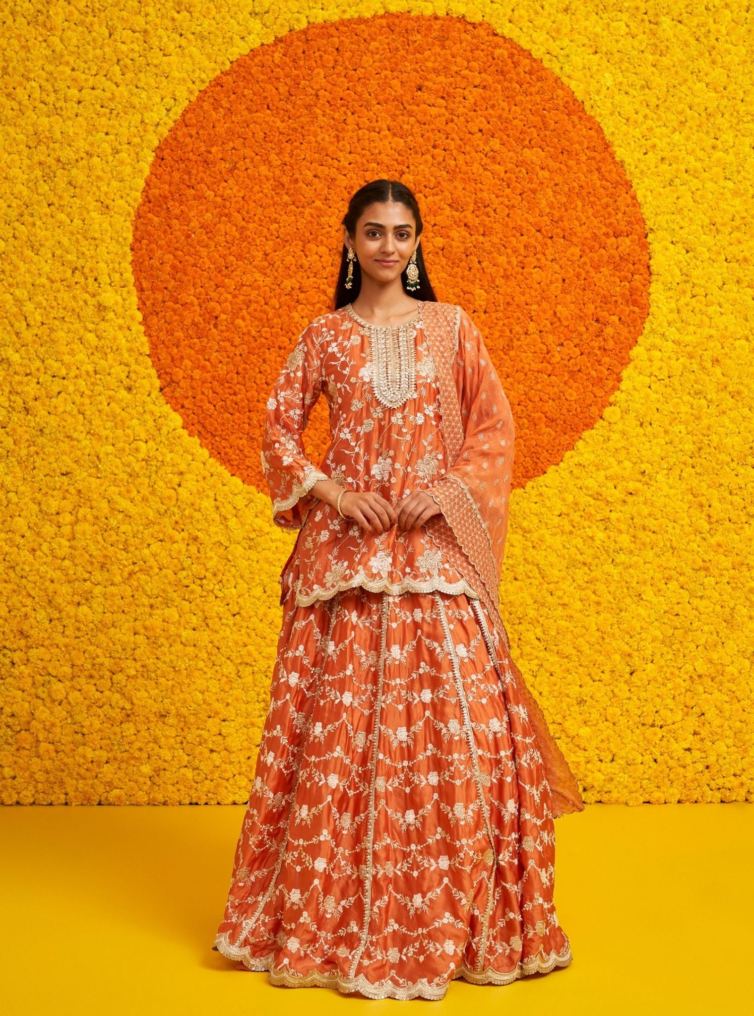 Mulmul Organza Satin Fitoor Burnt Orange Kurta With Mulmul Organza Satin Fitoor Burnt Orange Lehenga