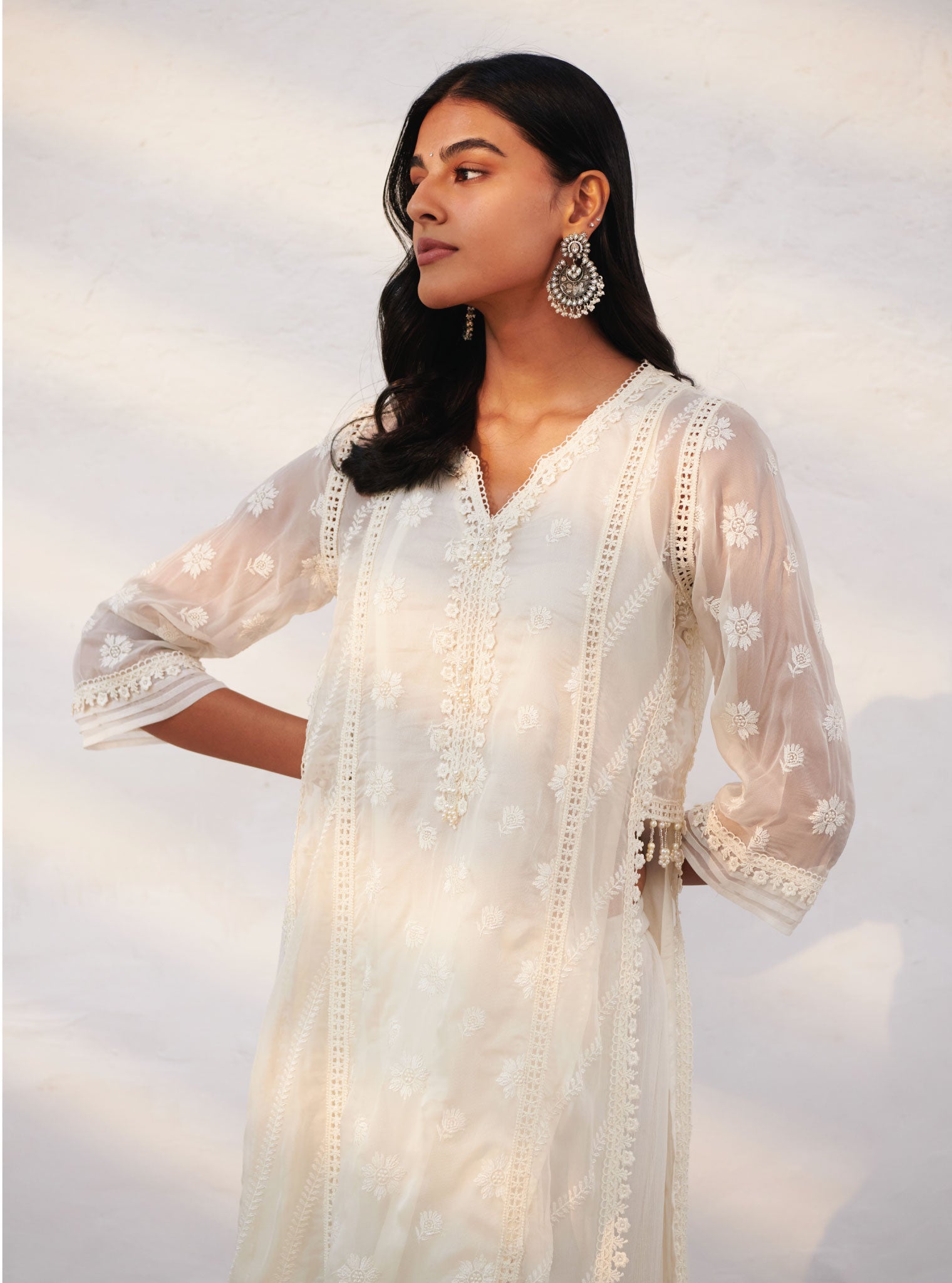 Mulmul Organza Armagh Off White Kurta With Chiffon Armagh Off White Sharara