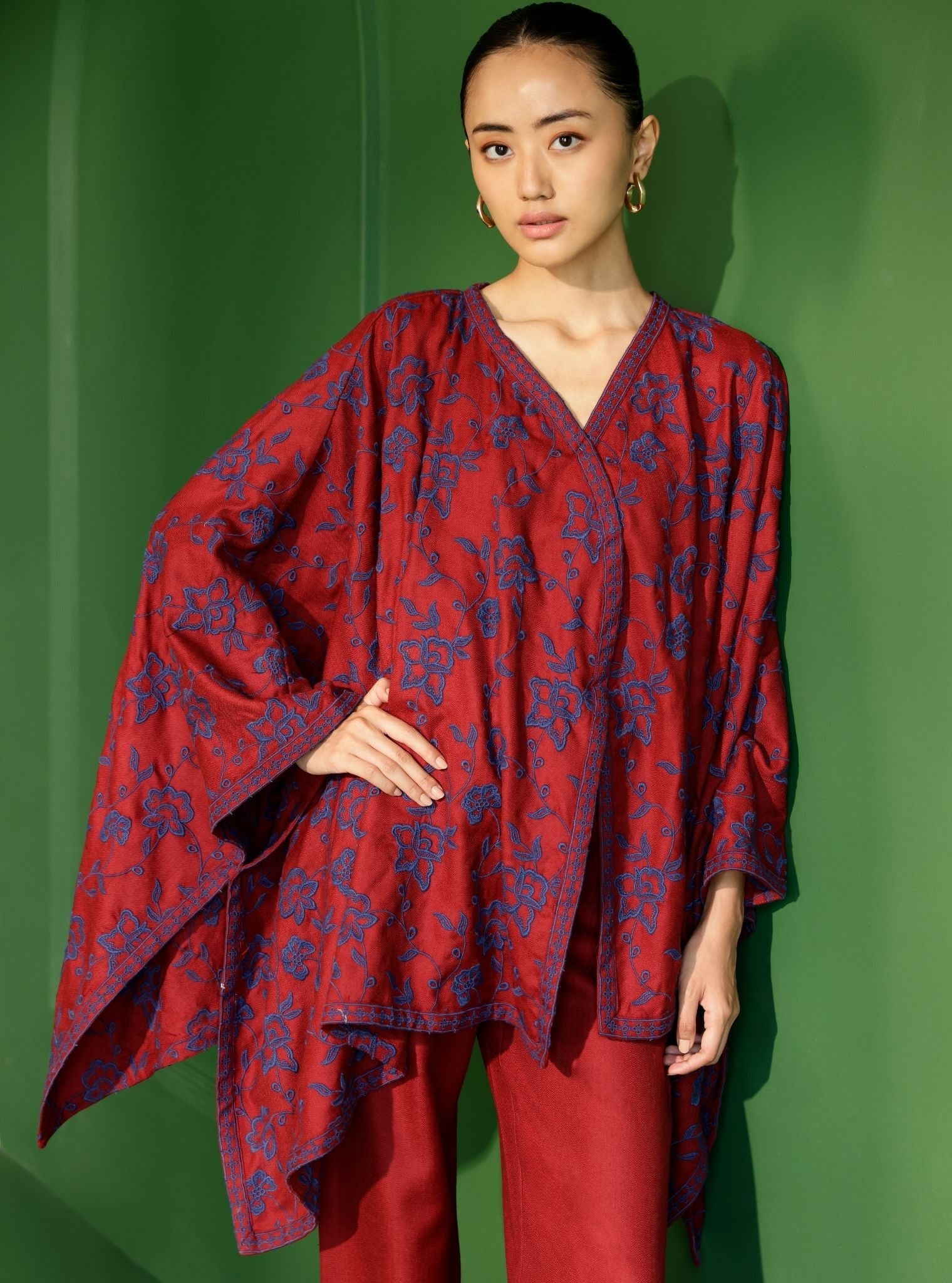 Mulmul Wool Fawn Wine kaftan with Wool Fawn Wine Pant