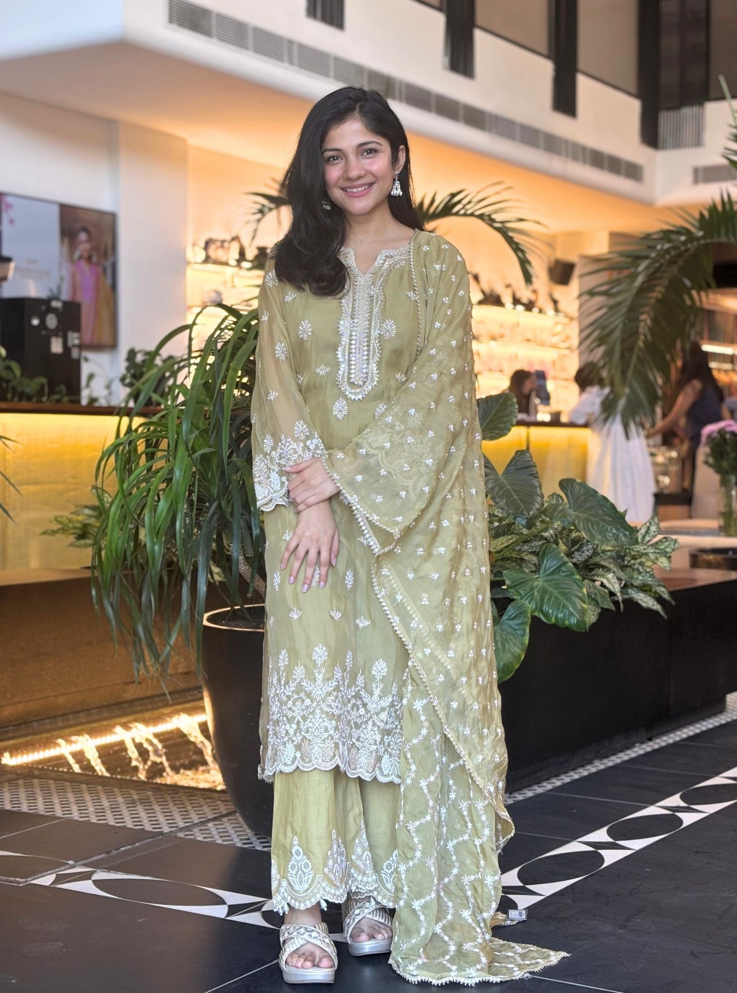 Mulmul Organza Surana Green Kurta With Ahar Green Pant