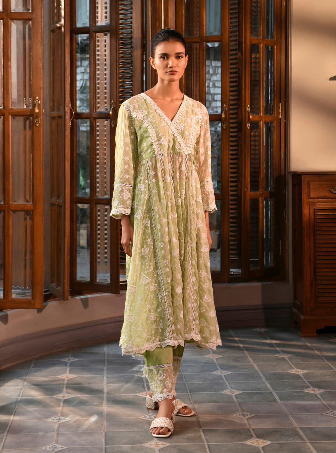 Bolour Organza Green Anarkali Set
