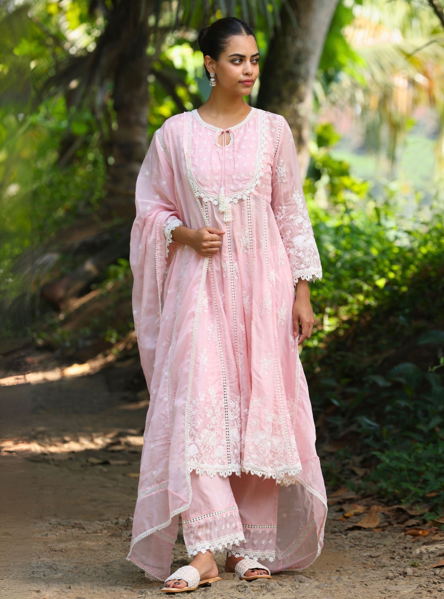 Mulmul Organza Neesa Pink Anarkali Kurta With Mulmul Cotton Neesa Pink Pant