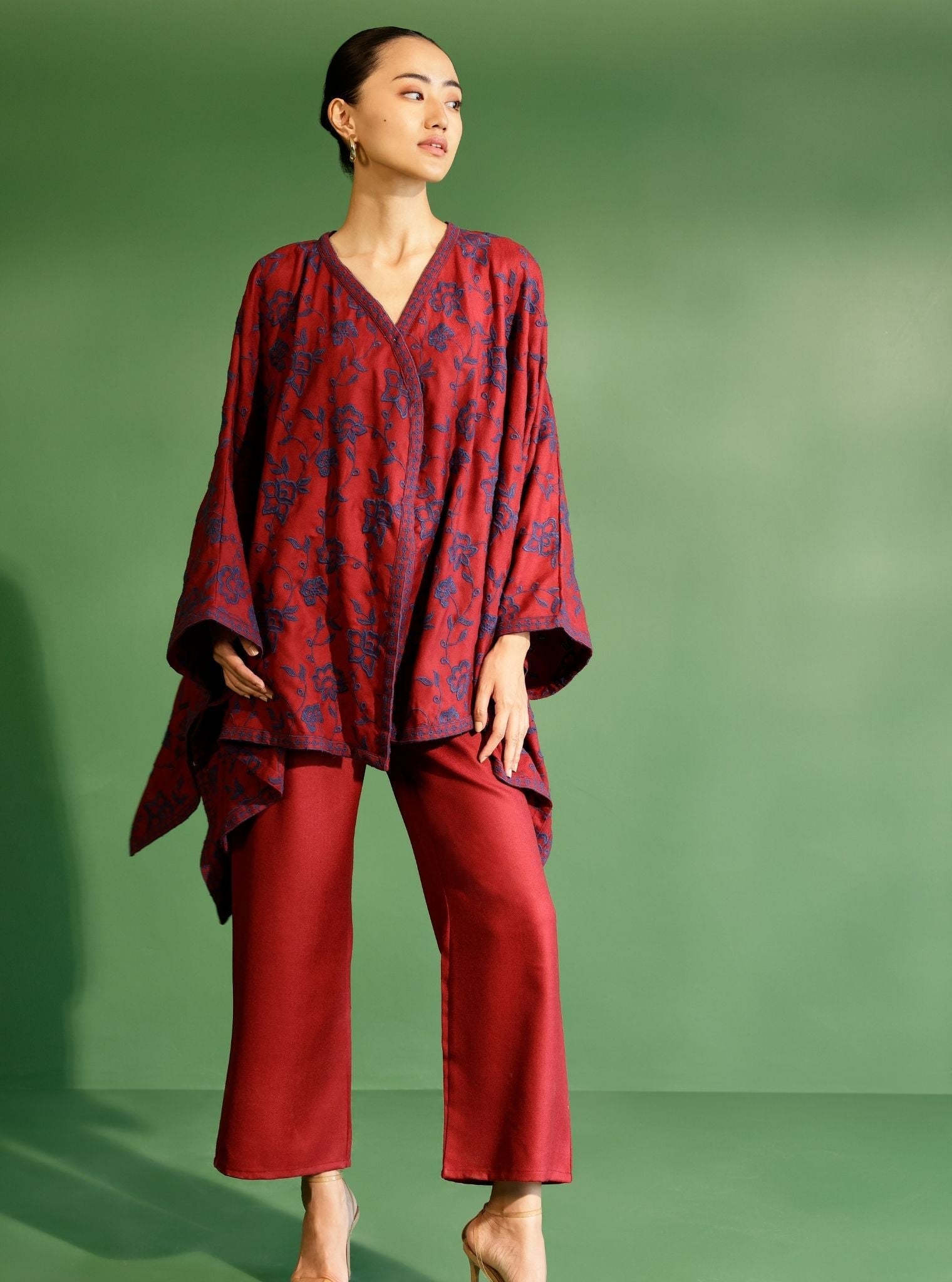 Mulmul Wool Fawn Wine kaftan with Wool Fawn Wine Pant