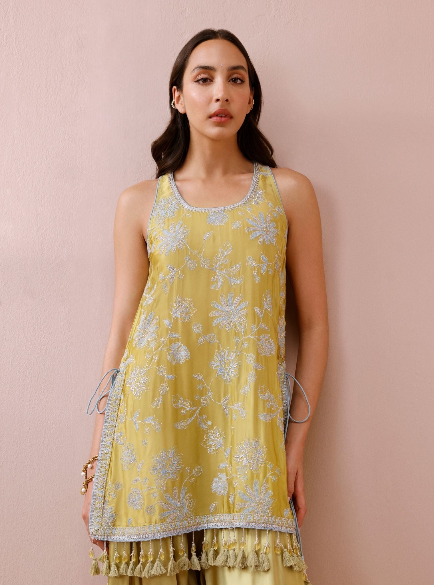 Zani Cupro Satin Lime Kurta with Draped Pants