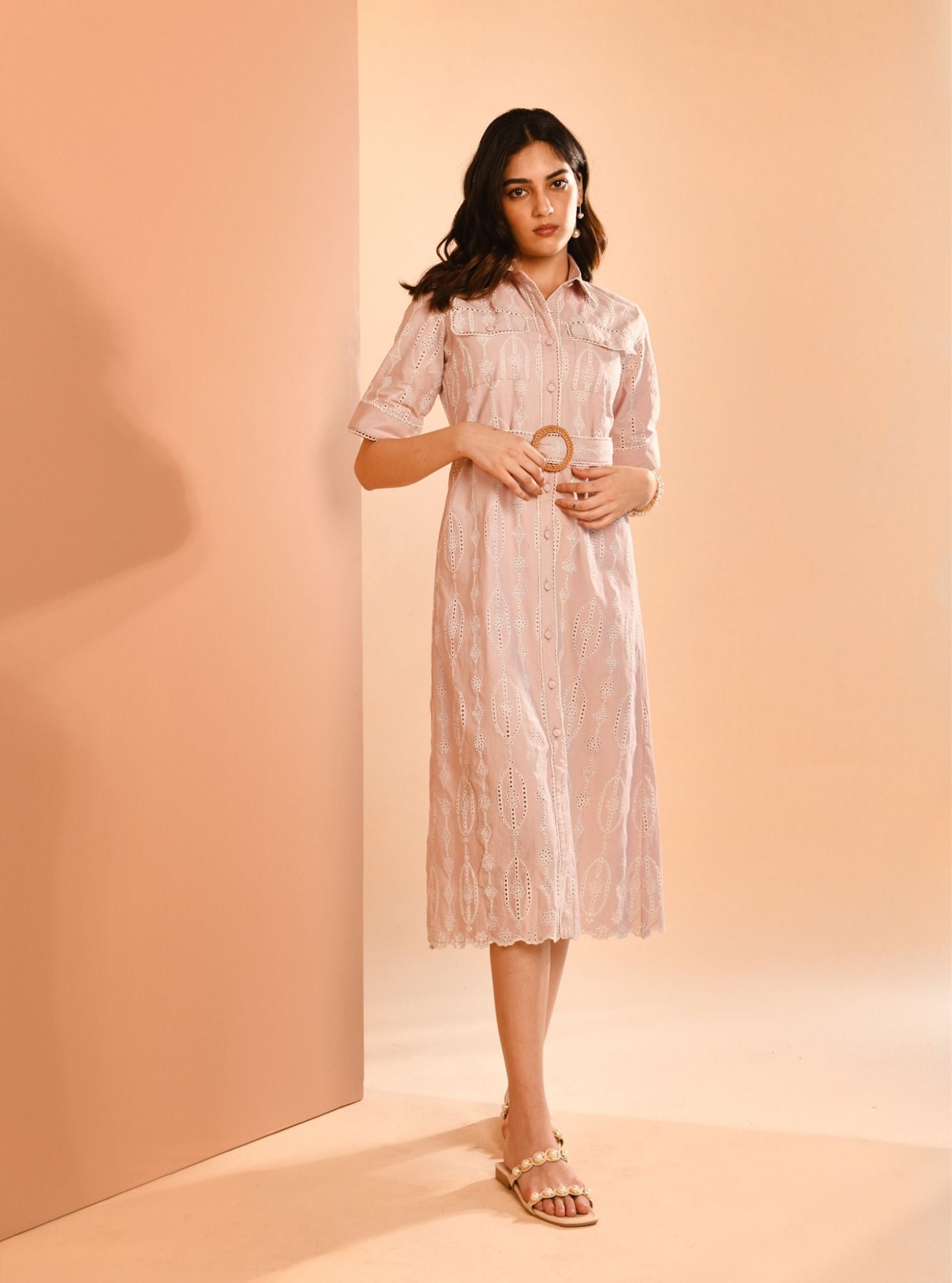 Mulmul Cotton Rosaria Dusty Pink Long Dress