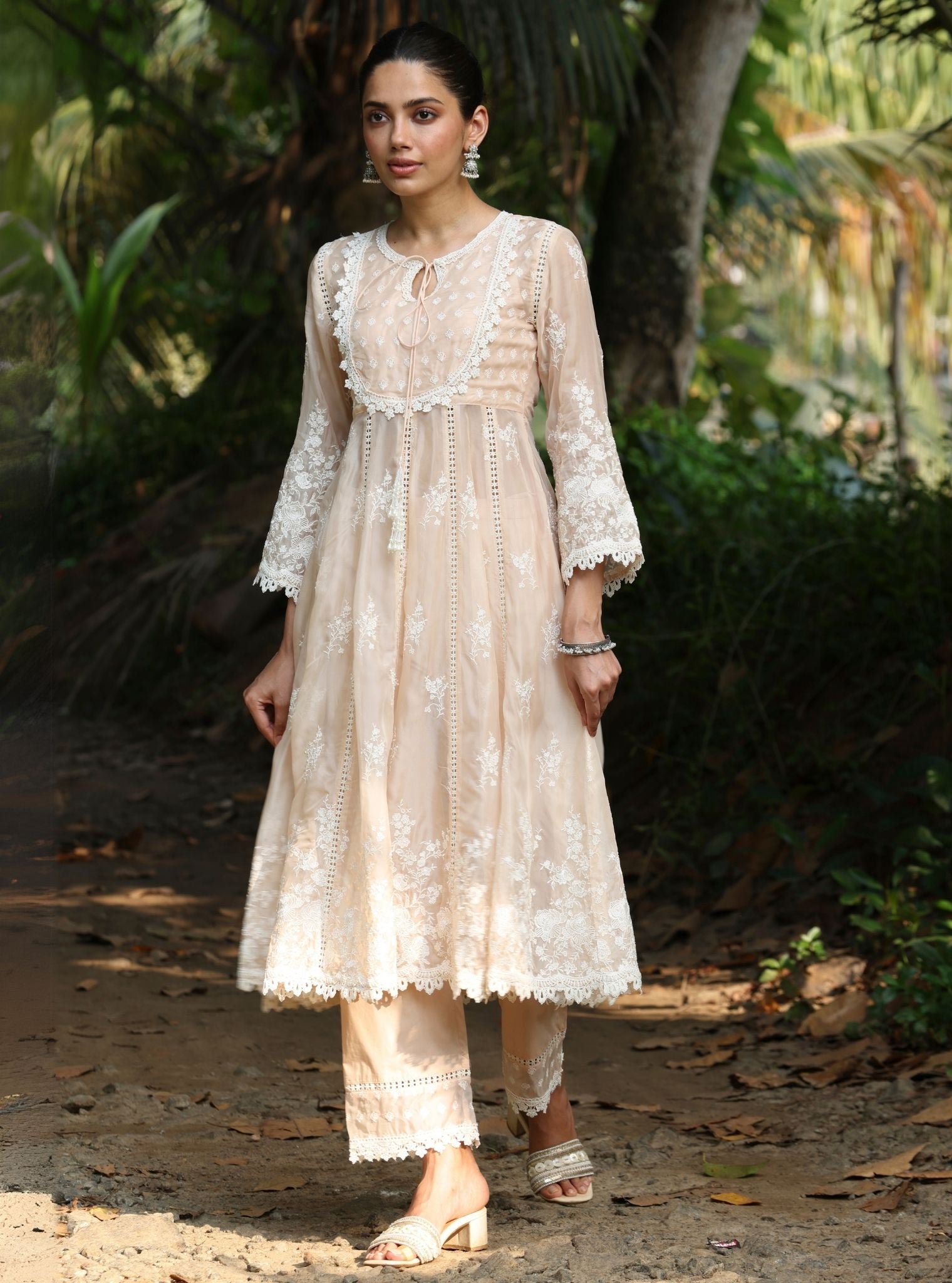 Mulmul Organza Neesa Beige Anarkali Kurta With Mulmul Cotton Neesa Beige Pant