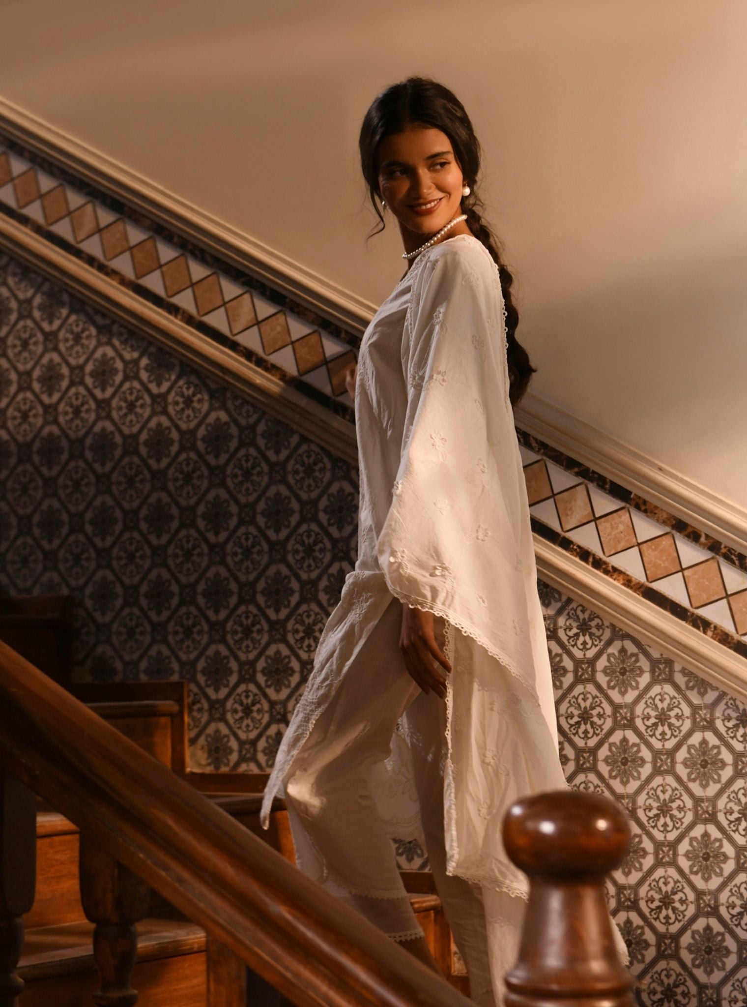 Mulmul Cotton Giti White Kurta With Mulmul Cotton Giti White Pant