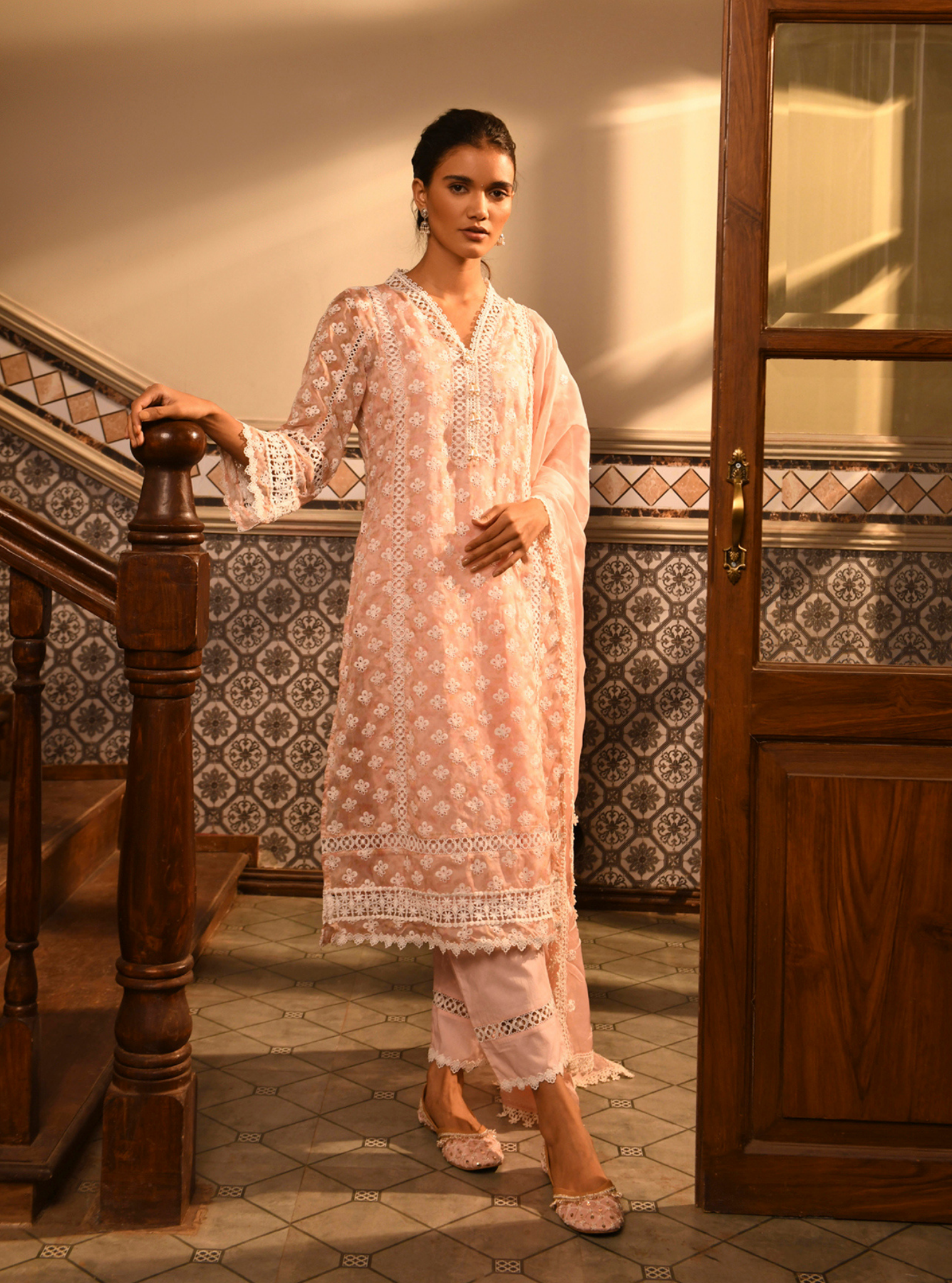 Mulmul Organza Mavi Pink Printed Kurta With Mulmul Cotton Mavi Pink Pant