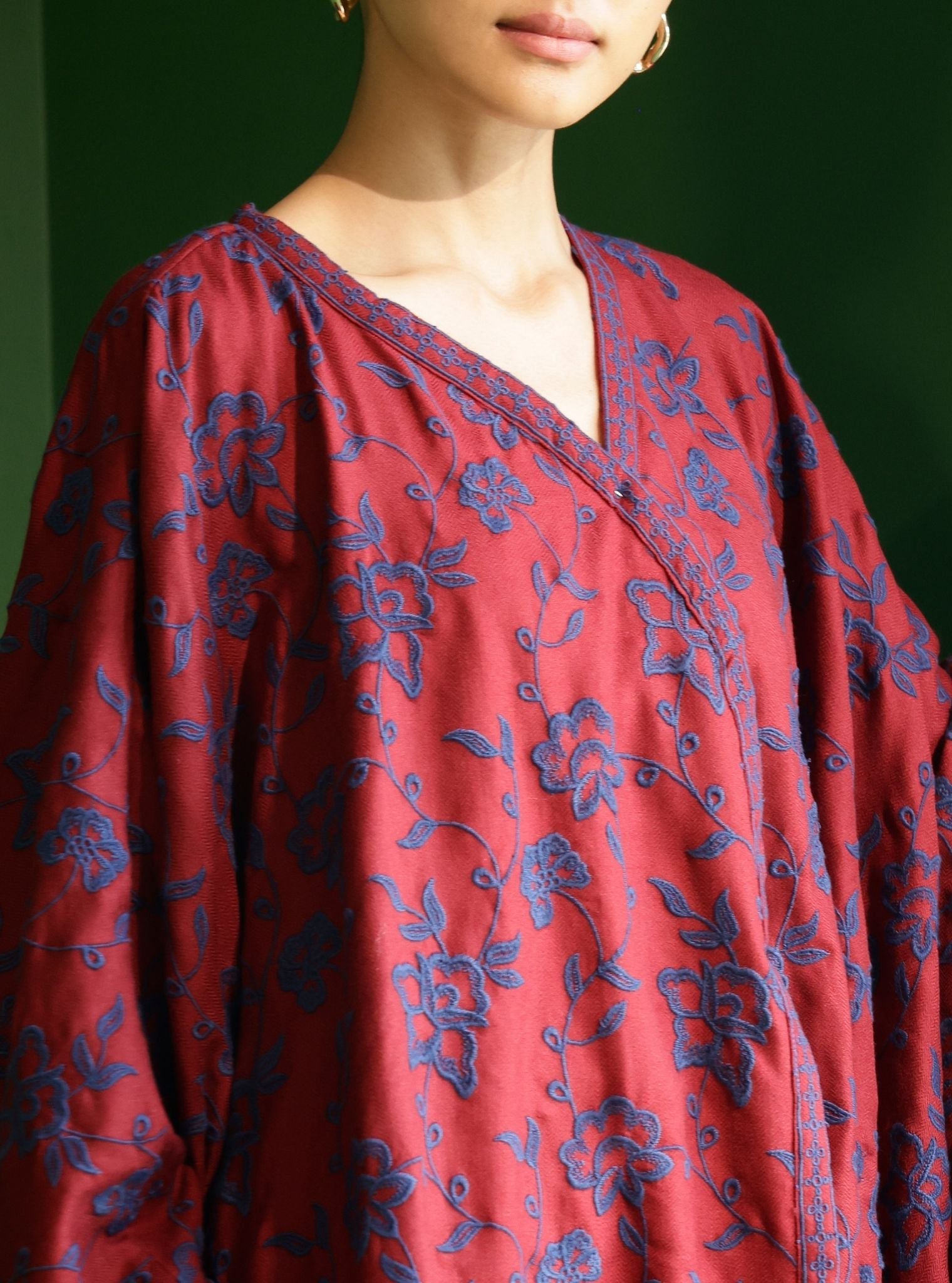 Mulmul Wool Fawn Wine kaftan with Wool Fawn Wine Pant