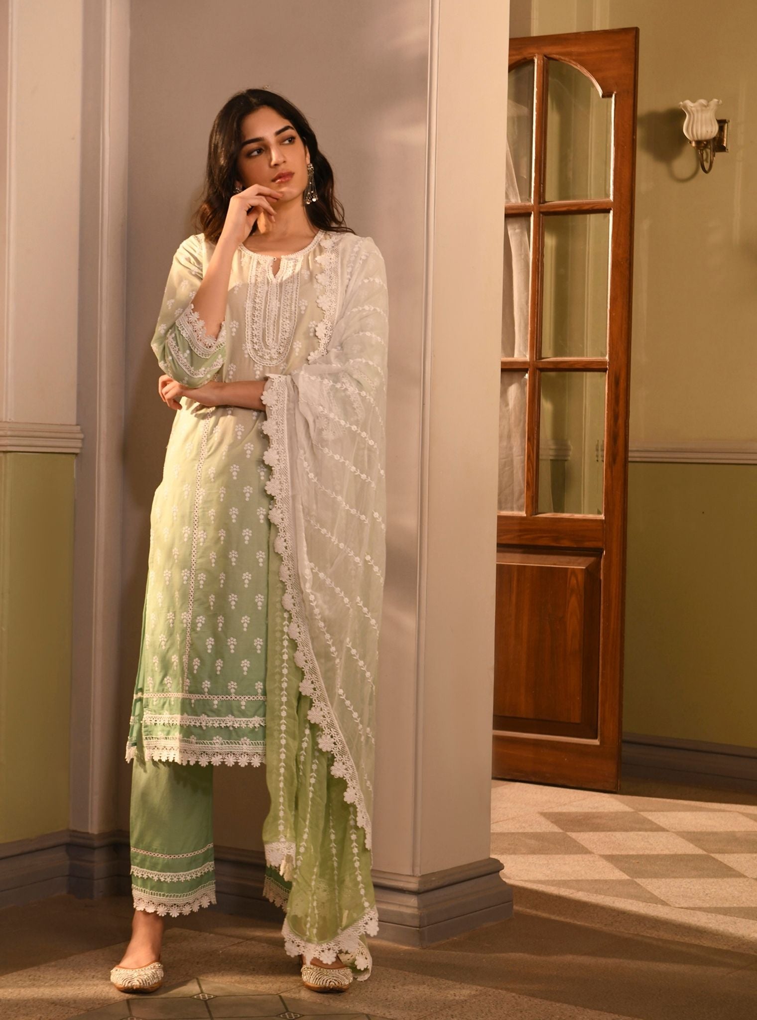 Mulmul Cotton Yami Green Kurta With Mulmul Cotton Yami Green Pant