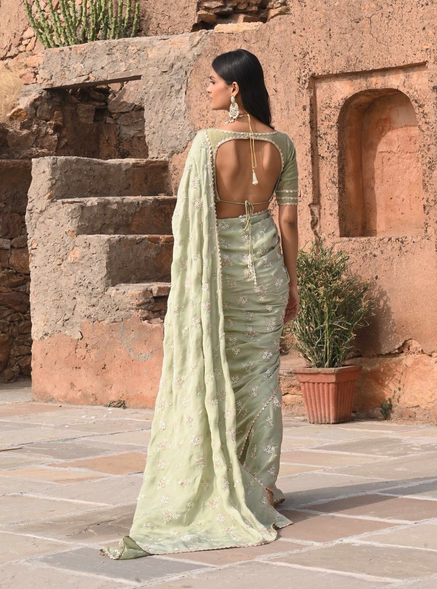 Mulmul Organza Satin Mitwa Sage Green Saree