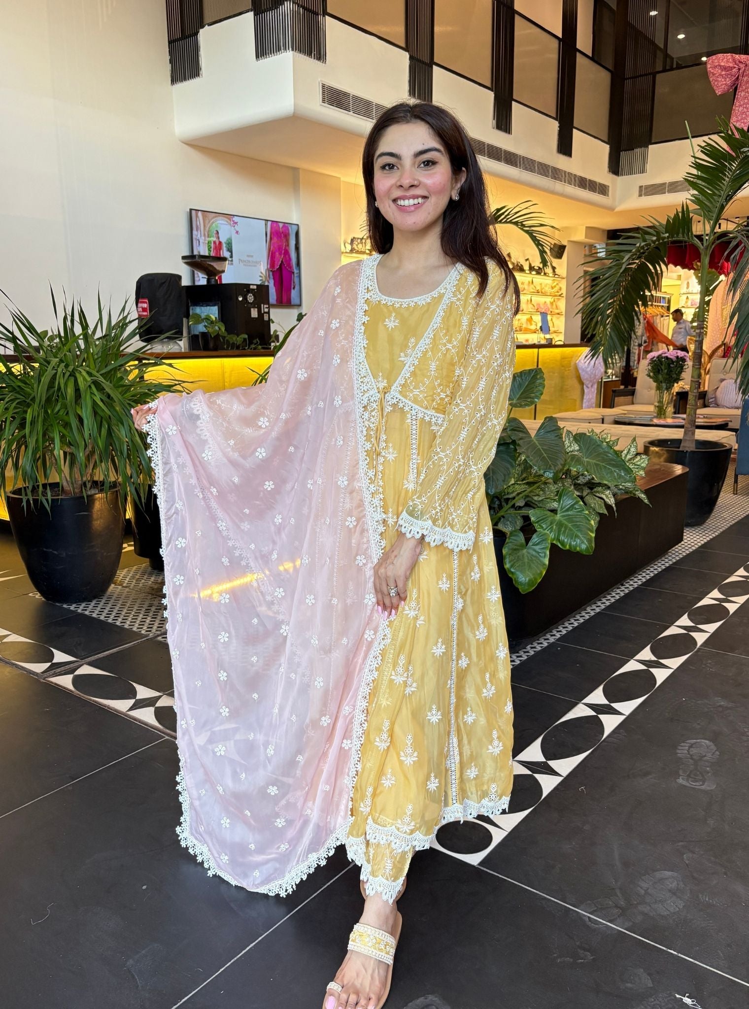 Mulmul Organza Nyla Yellow Anarkali Kurta With Nyla Yellow Pant