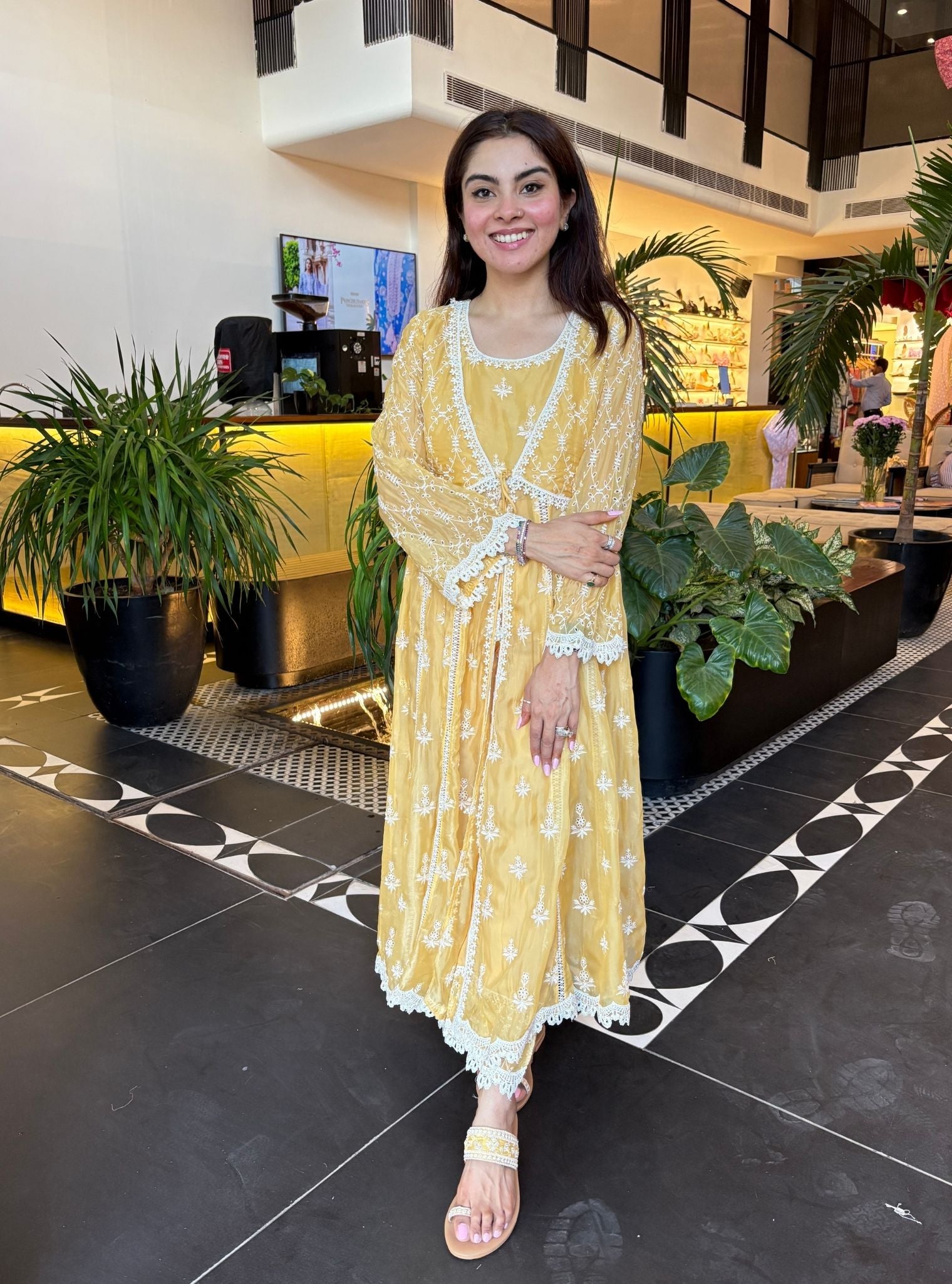 Mulmul Organza Nyla Yellow Anarkali Kurta With Nyla Yellow Pant