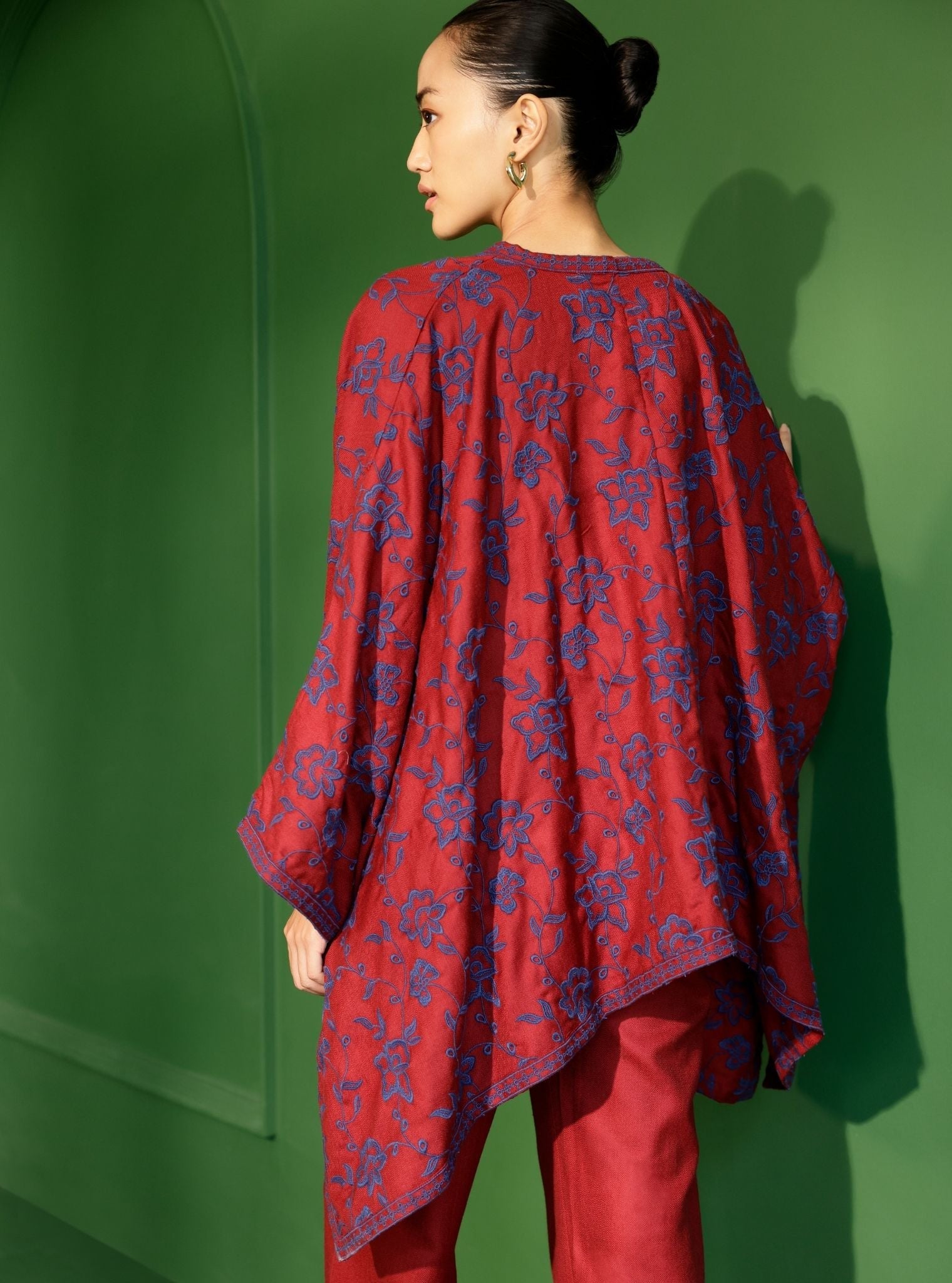 Mulmul Wool Fawn Wine kaftan with Wool Fawn Wine Pant