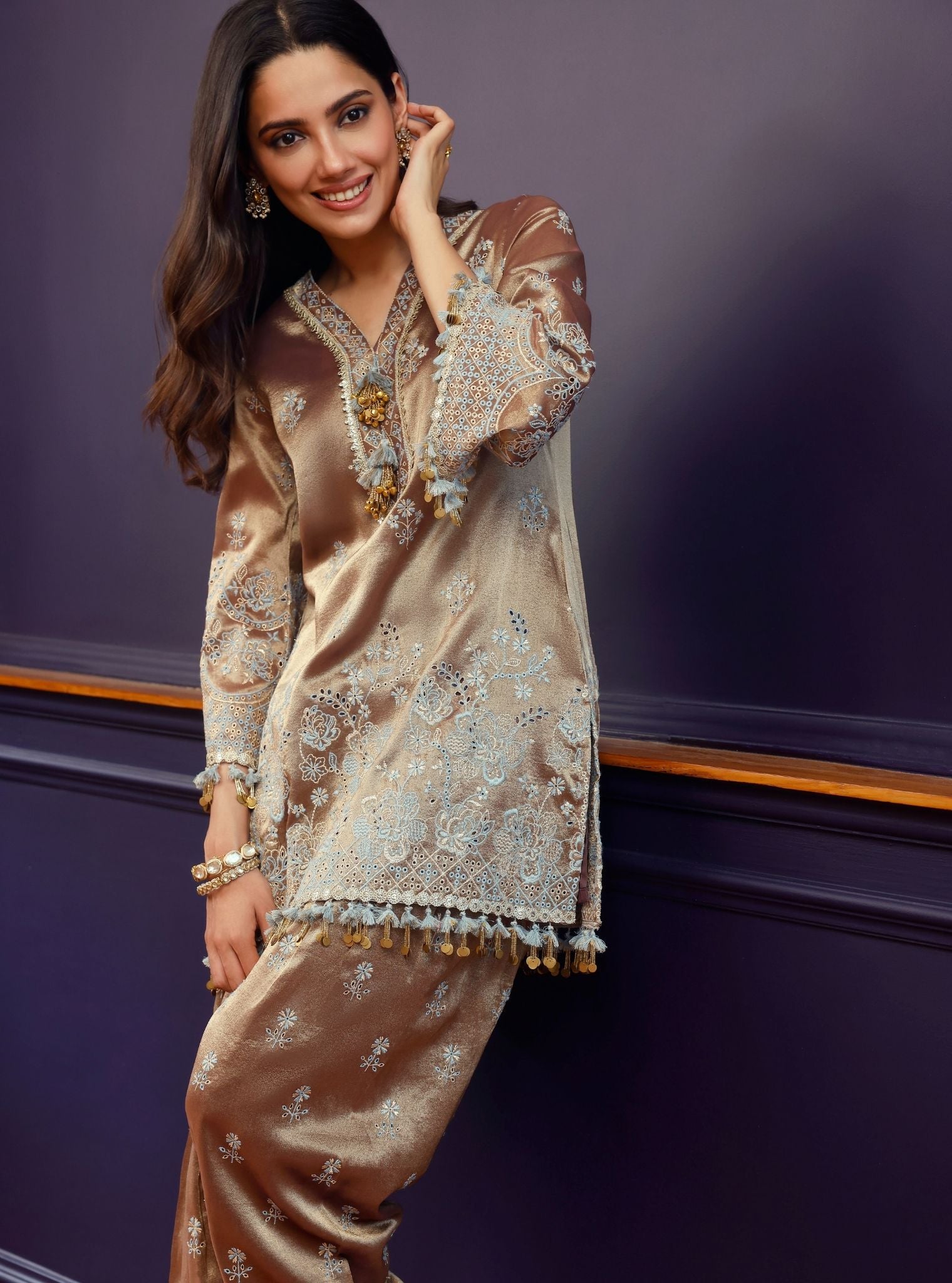 Lovi Tissue Brown Kurta Set