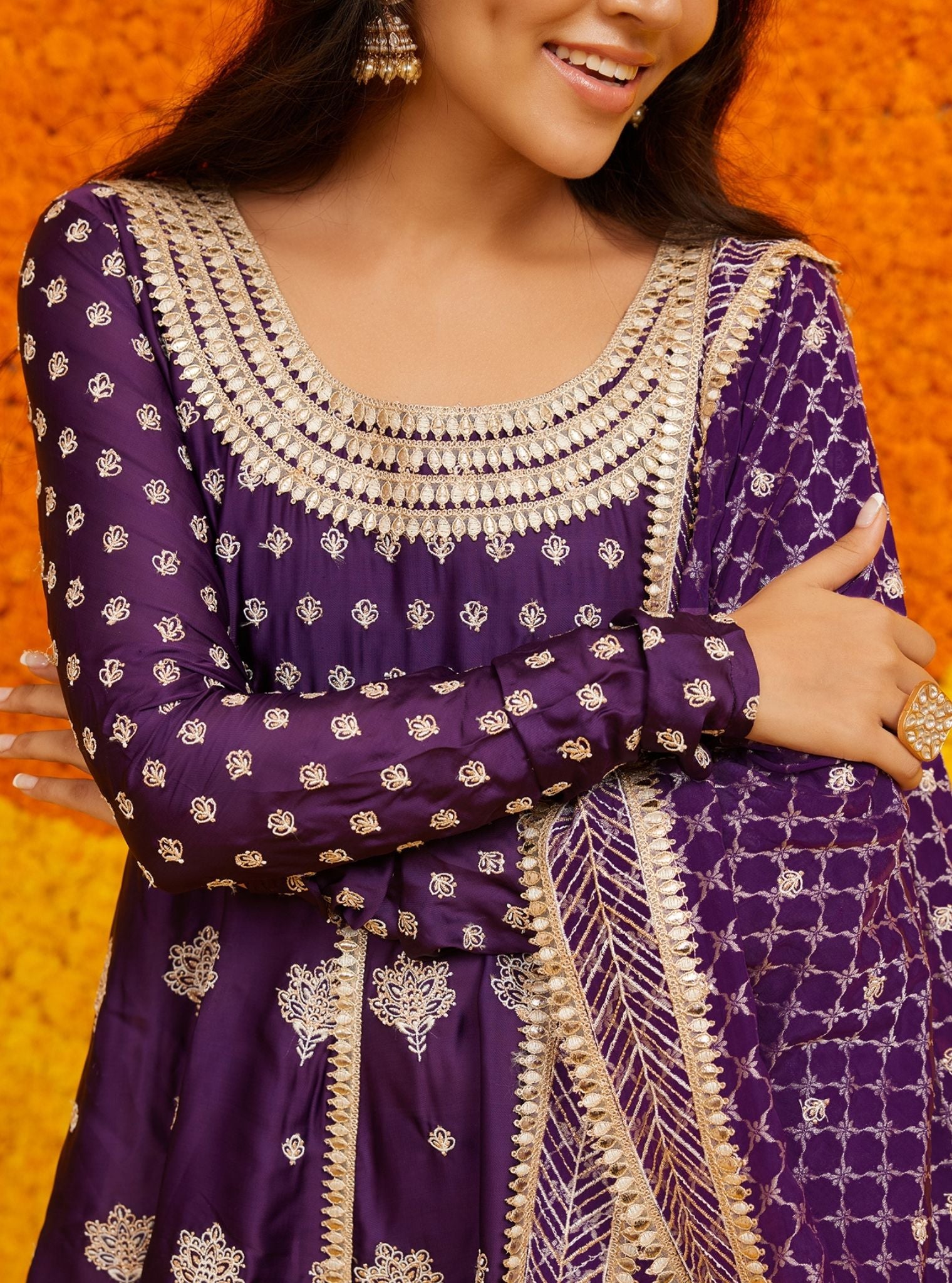 Mulmul Organza Satin Palki Purple Kurta With Mulmul Organza Satin Palki Purple Pant