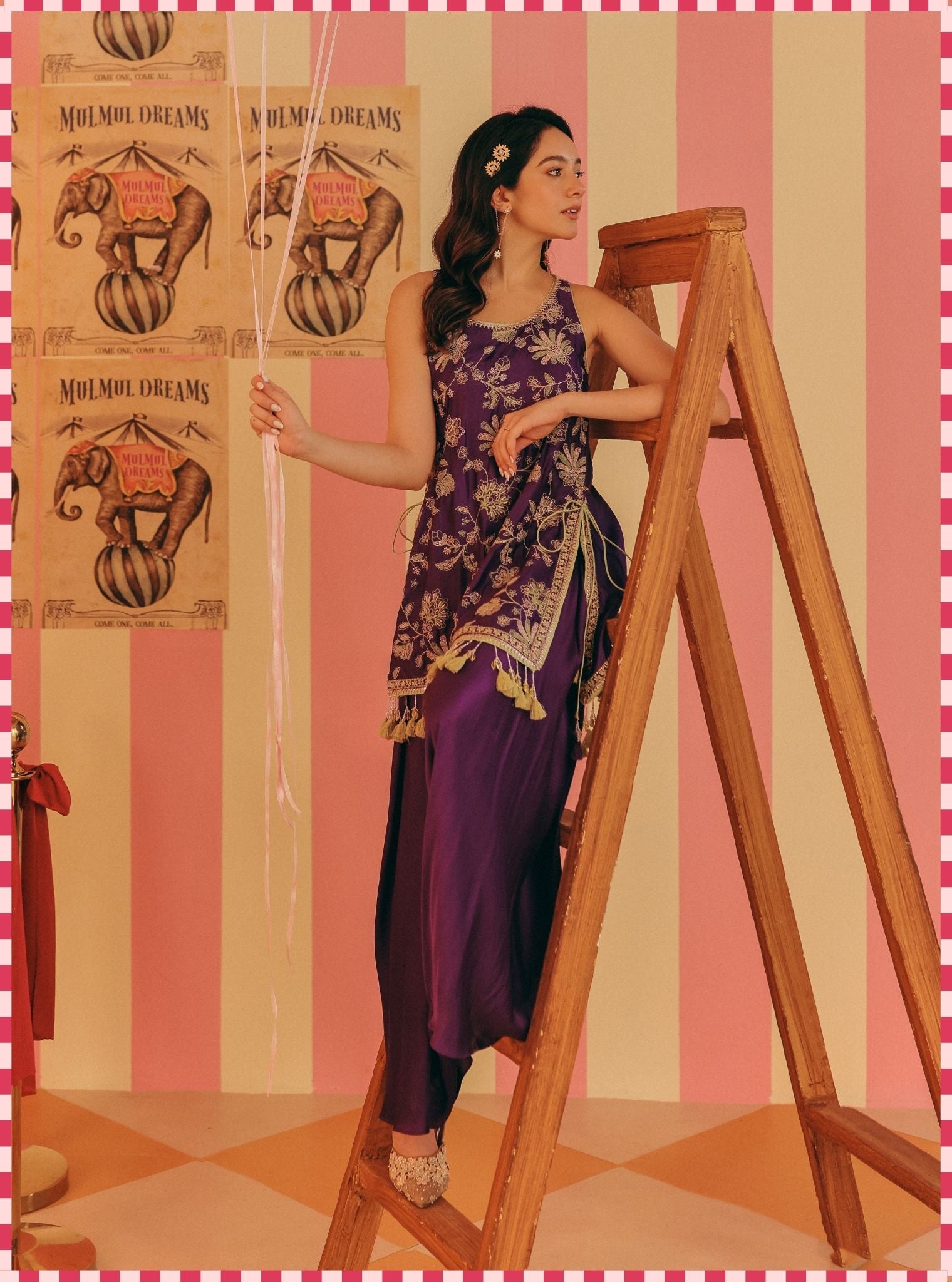 Zani Cupro Satin Purple Kurta with Draped Pants