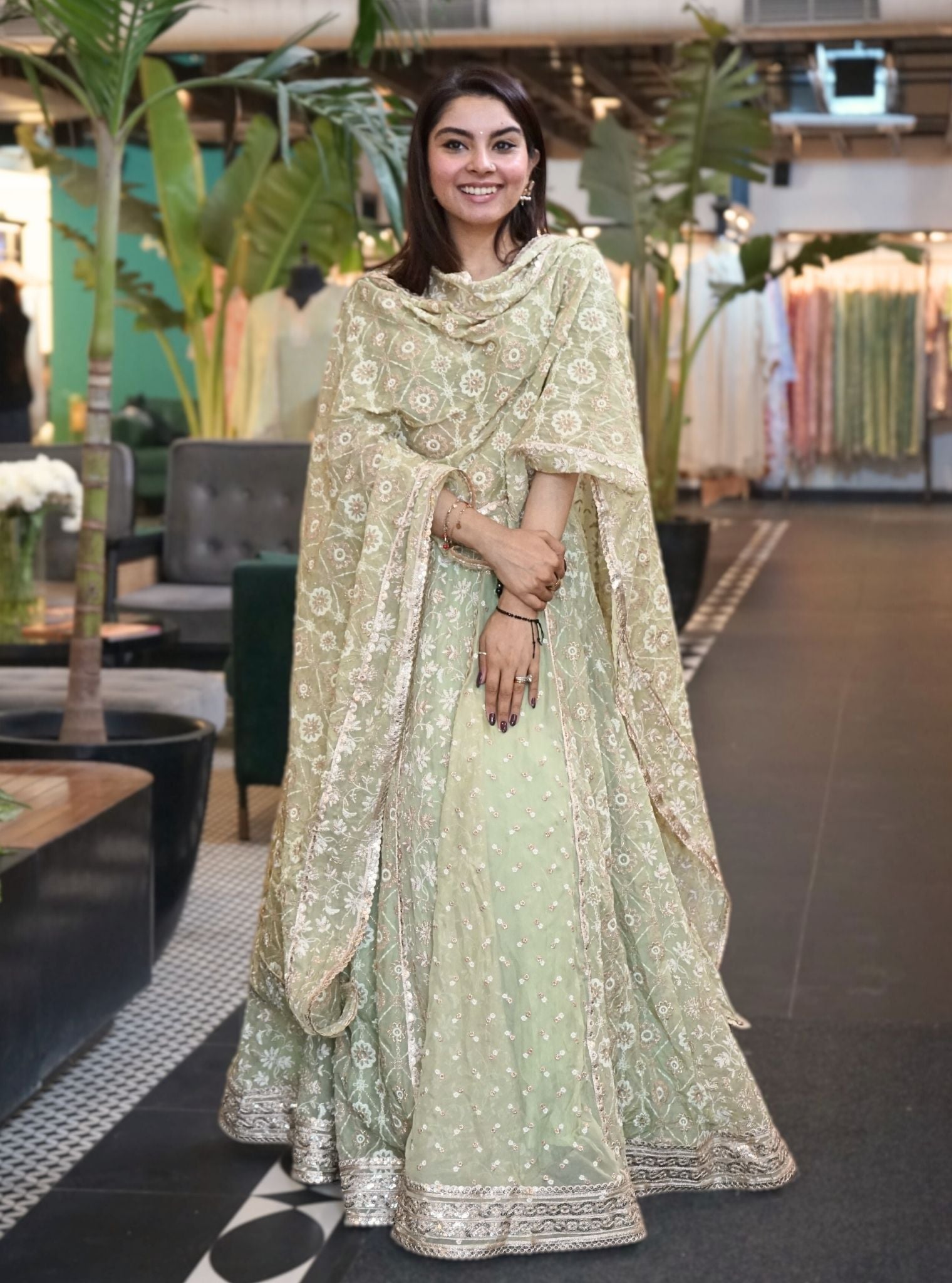 Mulmul Organza Blanca Green Lehenga