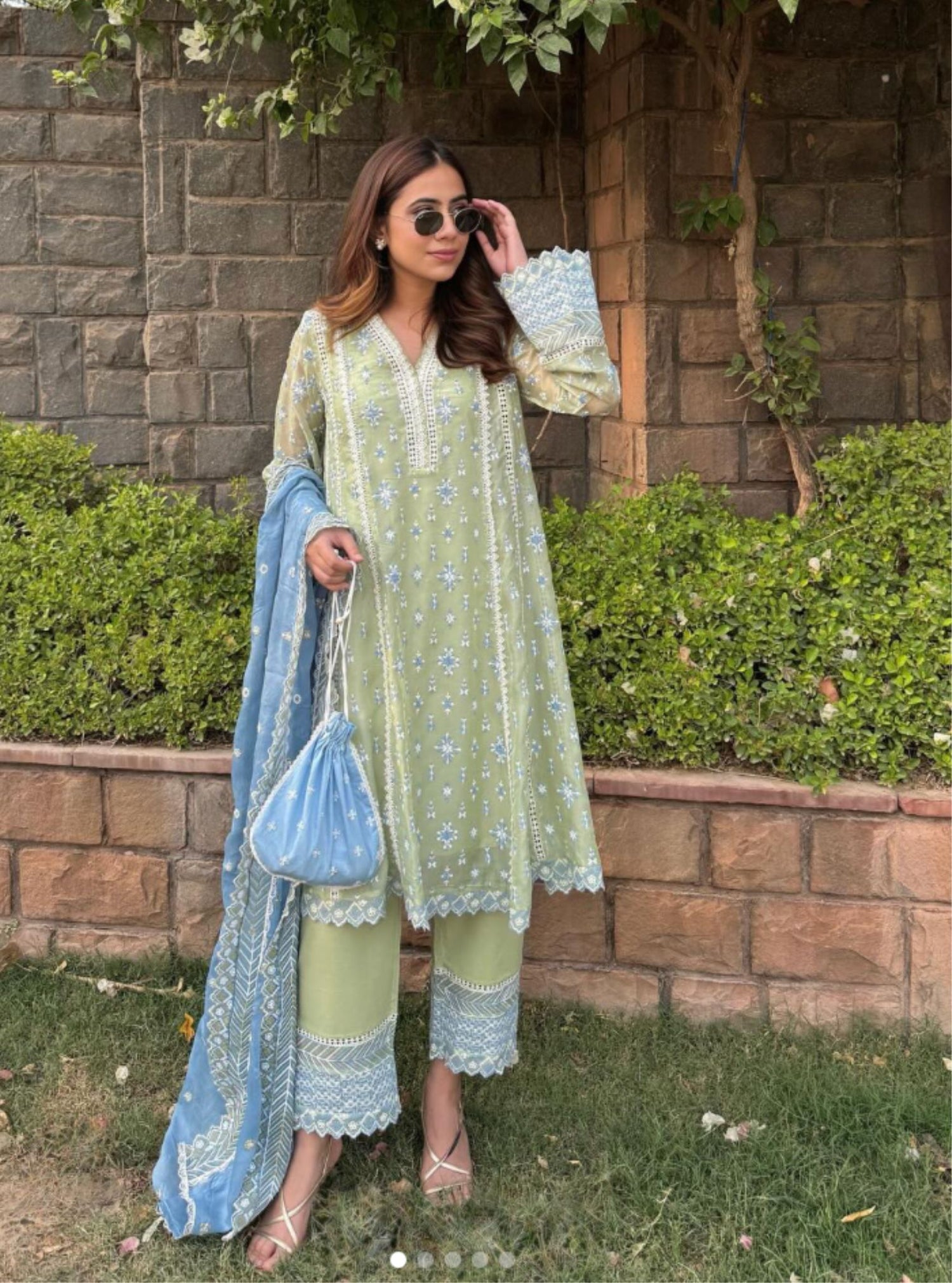 Prasatti Organza Green Anarkali Kurta Set