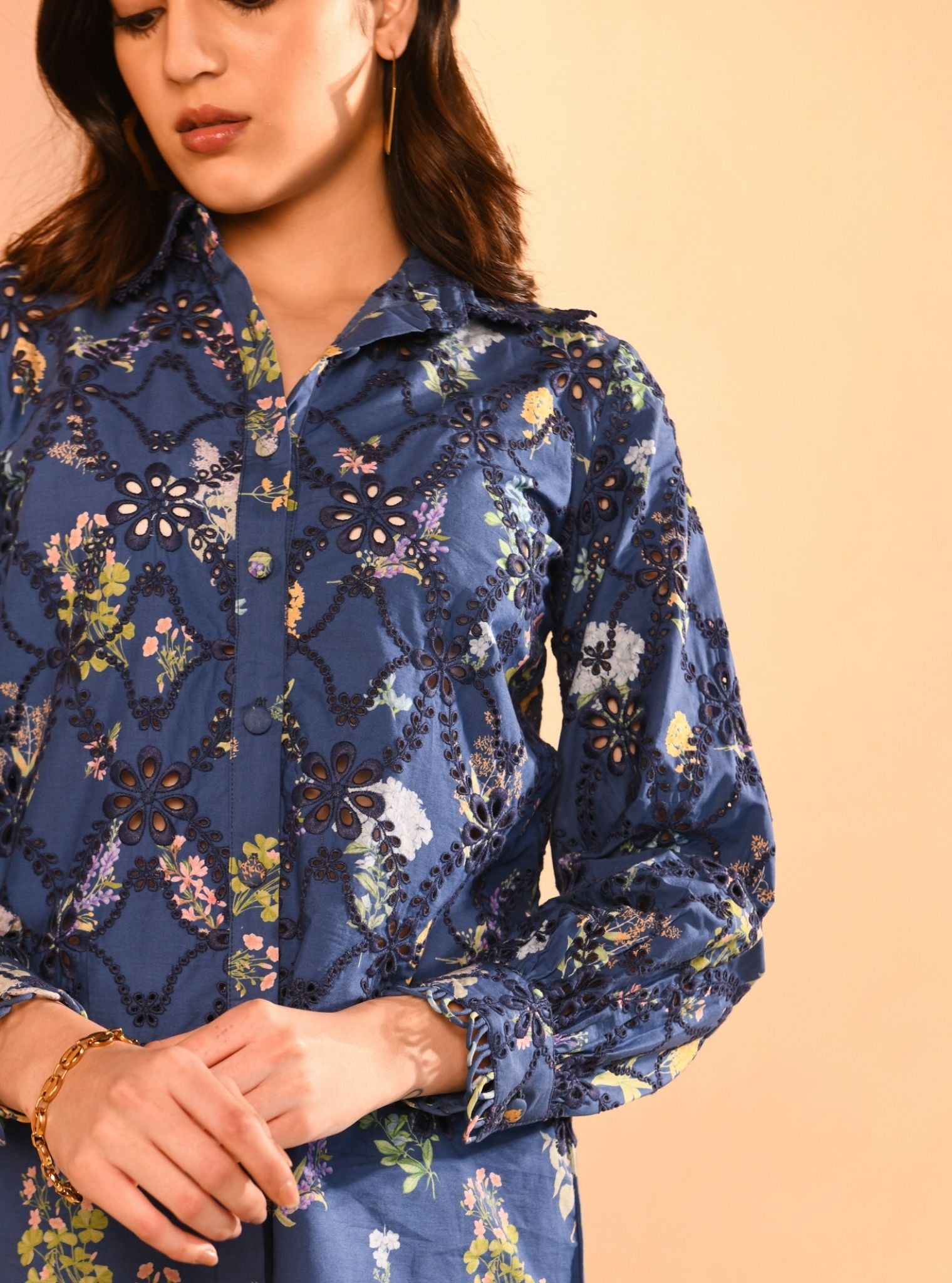 Mulmul Iconic Cotton Jem Printed Navy Shirt