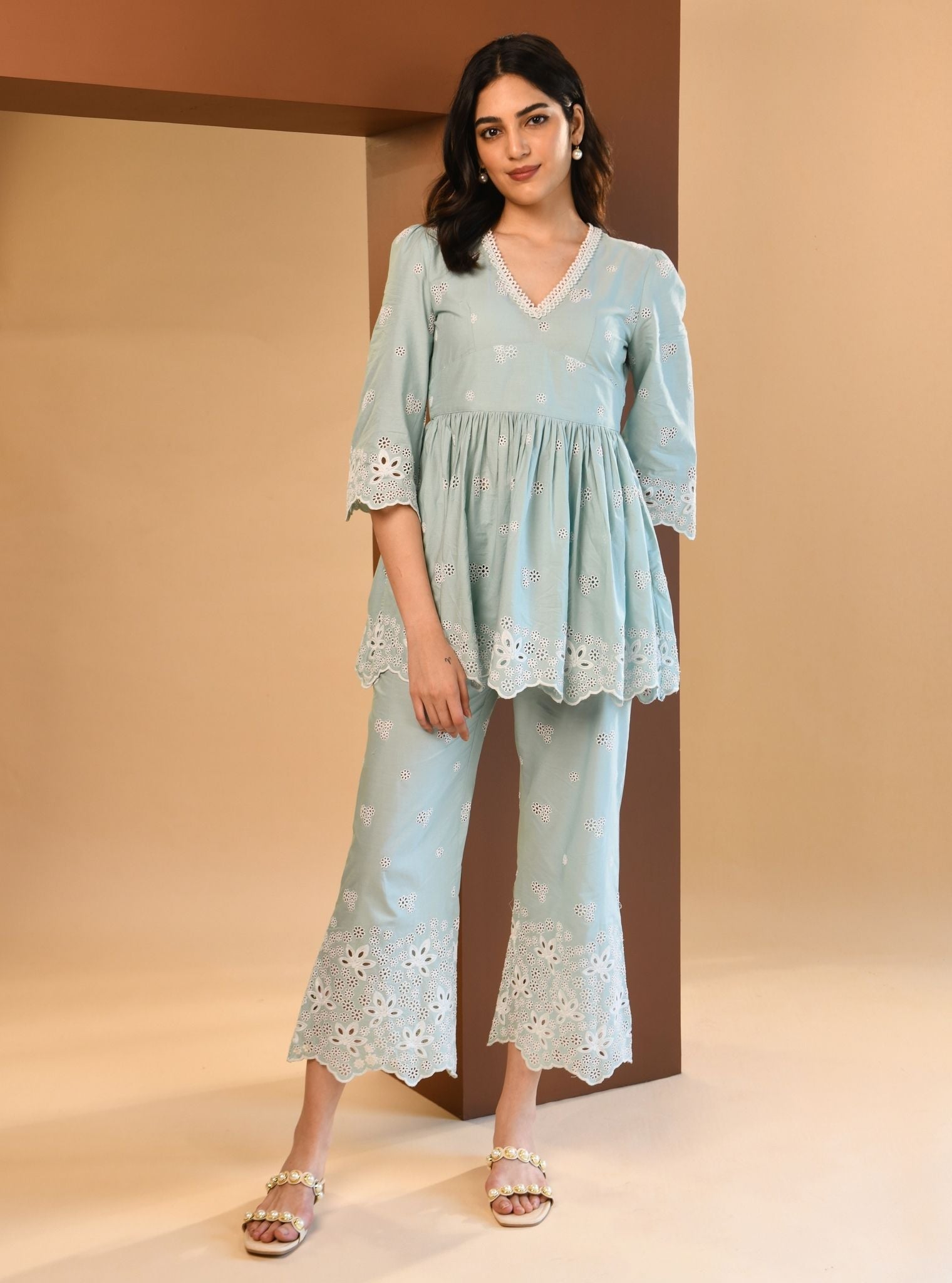 Mulmul Cotton Ayn Teal Blue Top With Mulmul Cotton Ayn Teal Blue Pant
