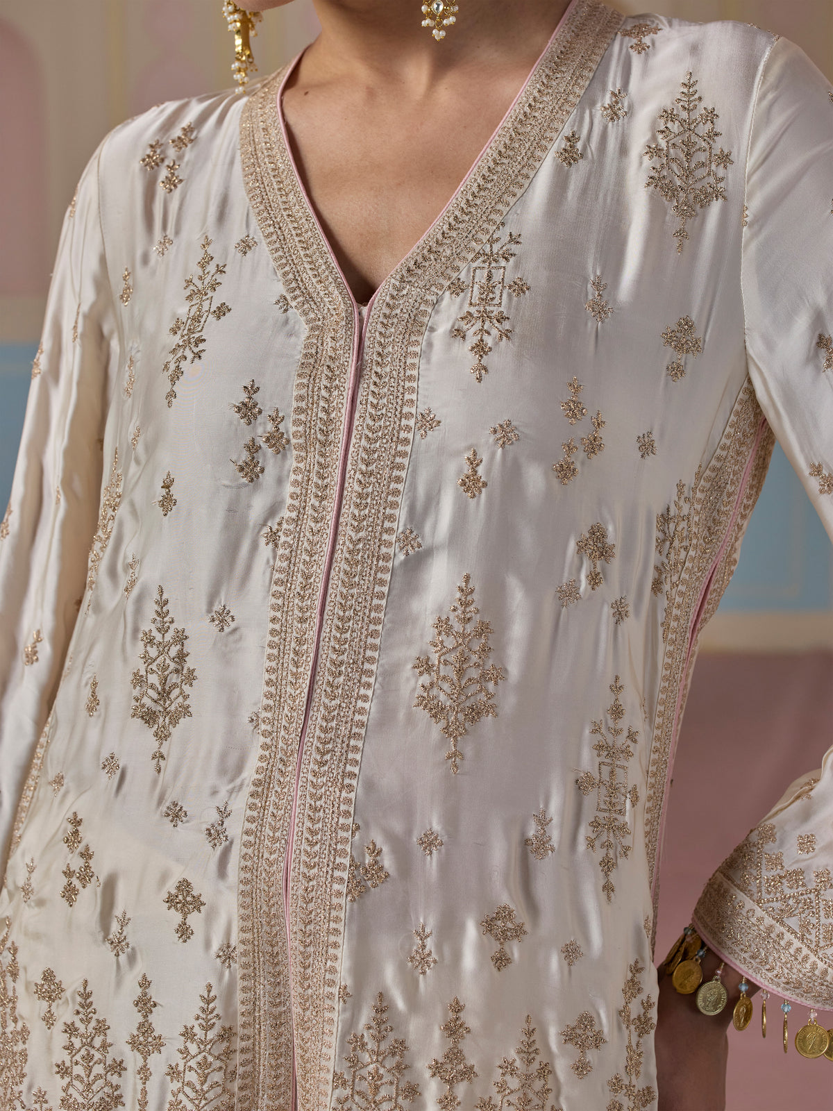 Laado Cupro Satin Off White Jacket with Draped Pants