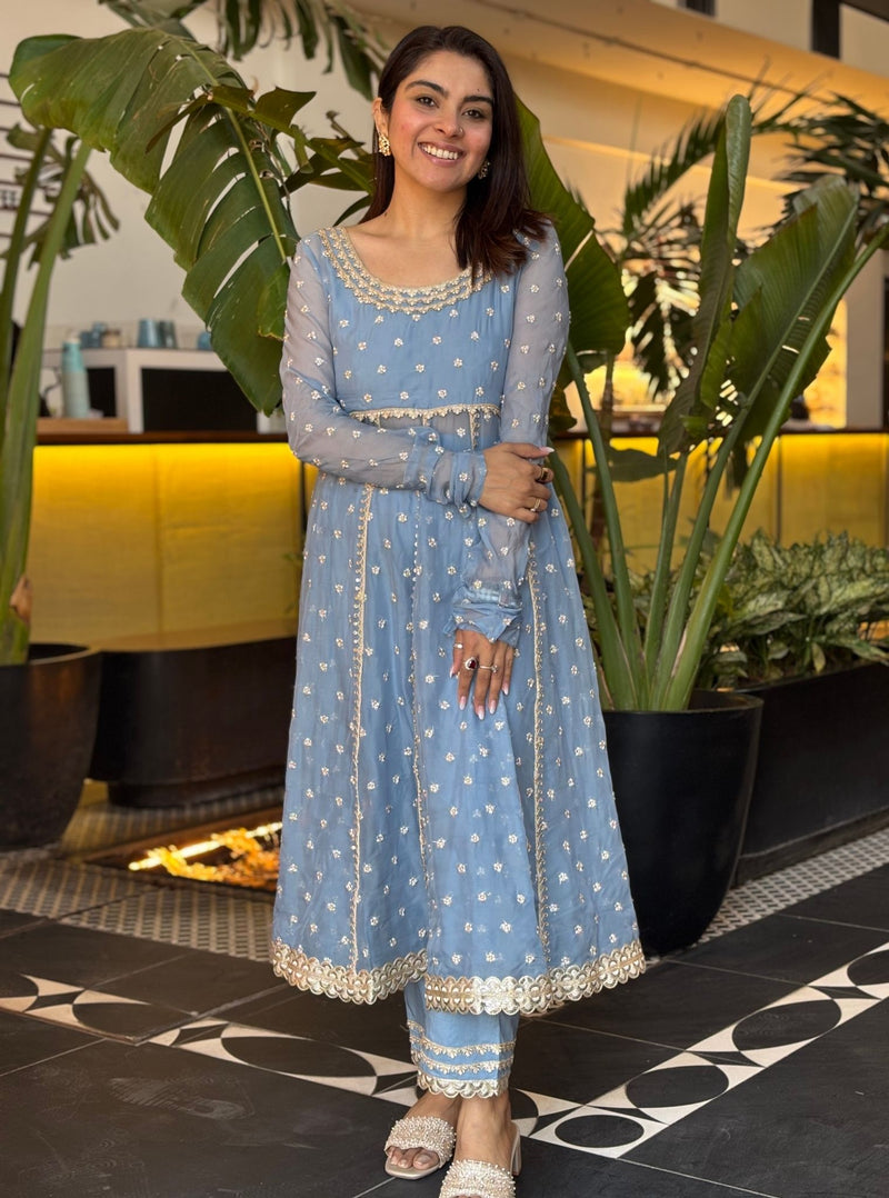 Sybil Organza Blue Anarkali Kurta Set