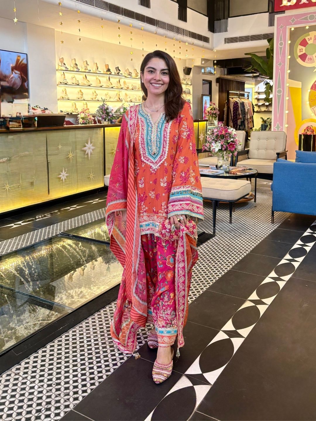 Elia Lawn Printed Orange Kurta with Farshi Salwar