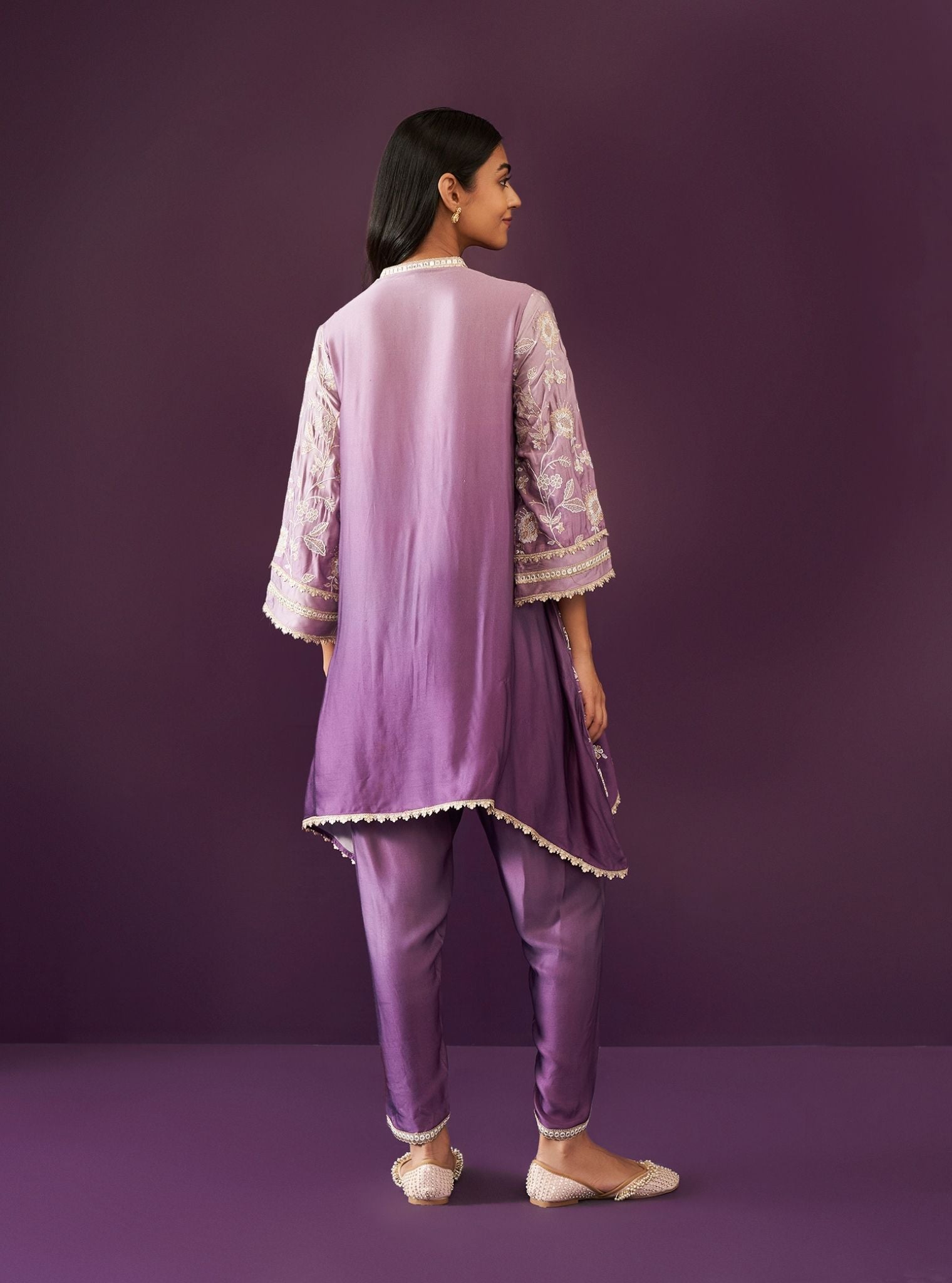 Mulmul Ombre Cupro Satin Evanthe Purple Kurta With Mulmul Ombre Cupro Satin Evanthe Purple Dhoti Pant