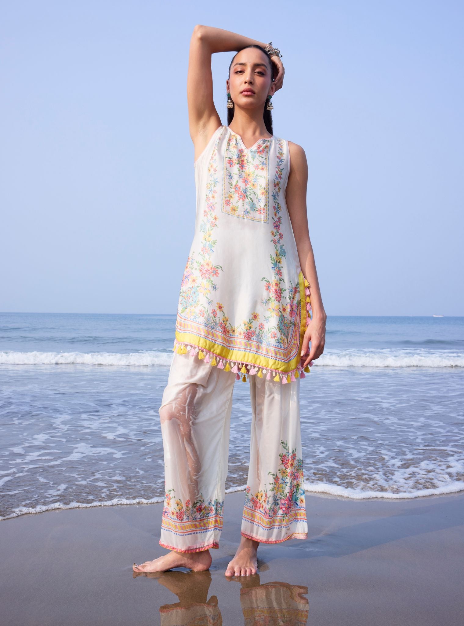 Zivae Cupro Satin Printed Off White Kurta Set