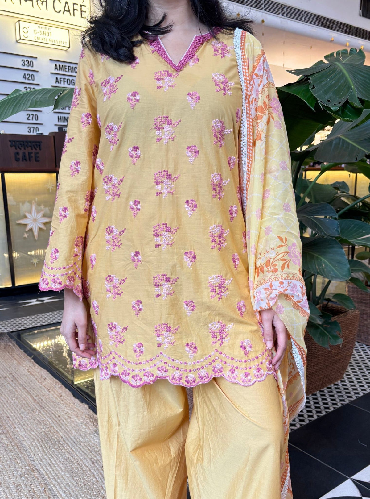 Aviya Supima Cotton Yellow Kurta With Farshi Salwar