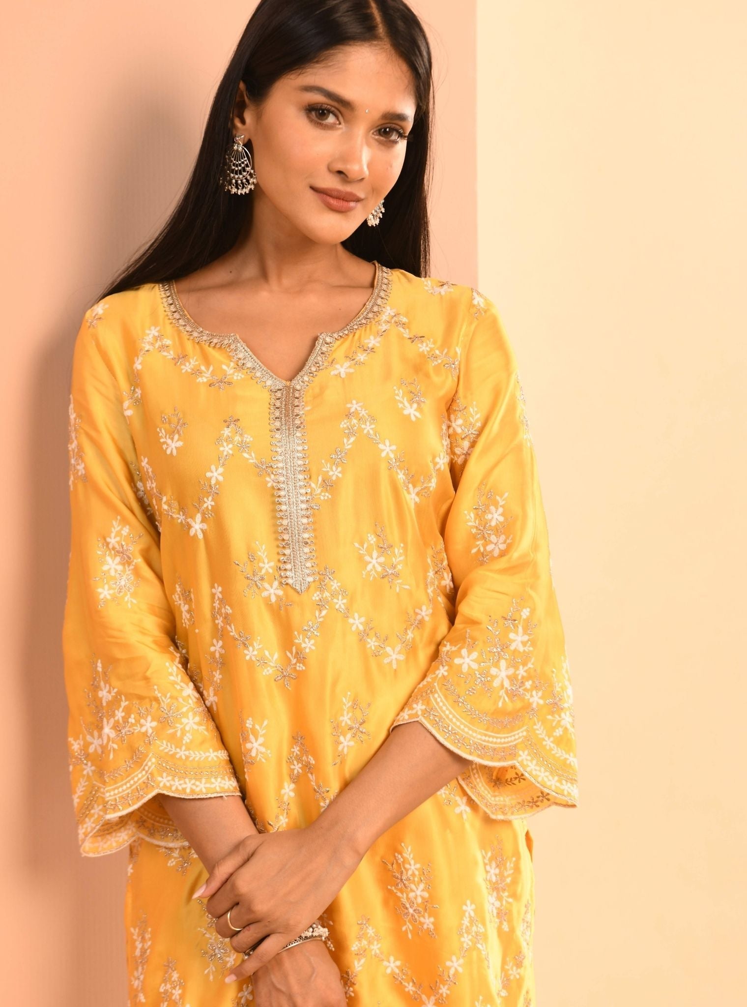 Mulmul Cupro Valaya Yellow Kurta With Mulmul Cupro Valaya Yellow Pant