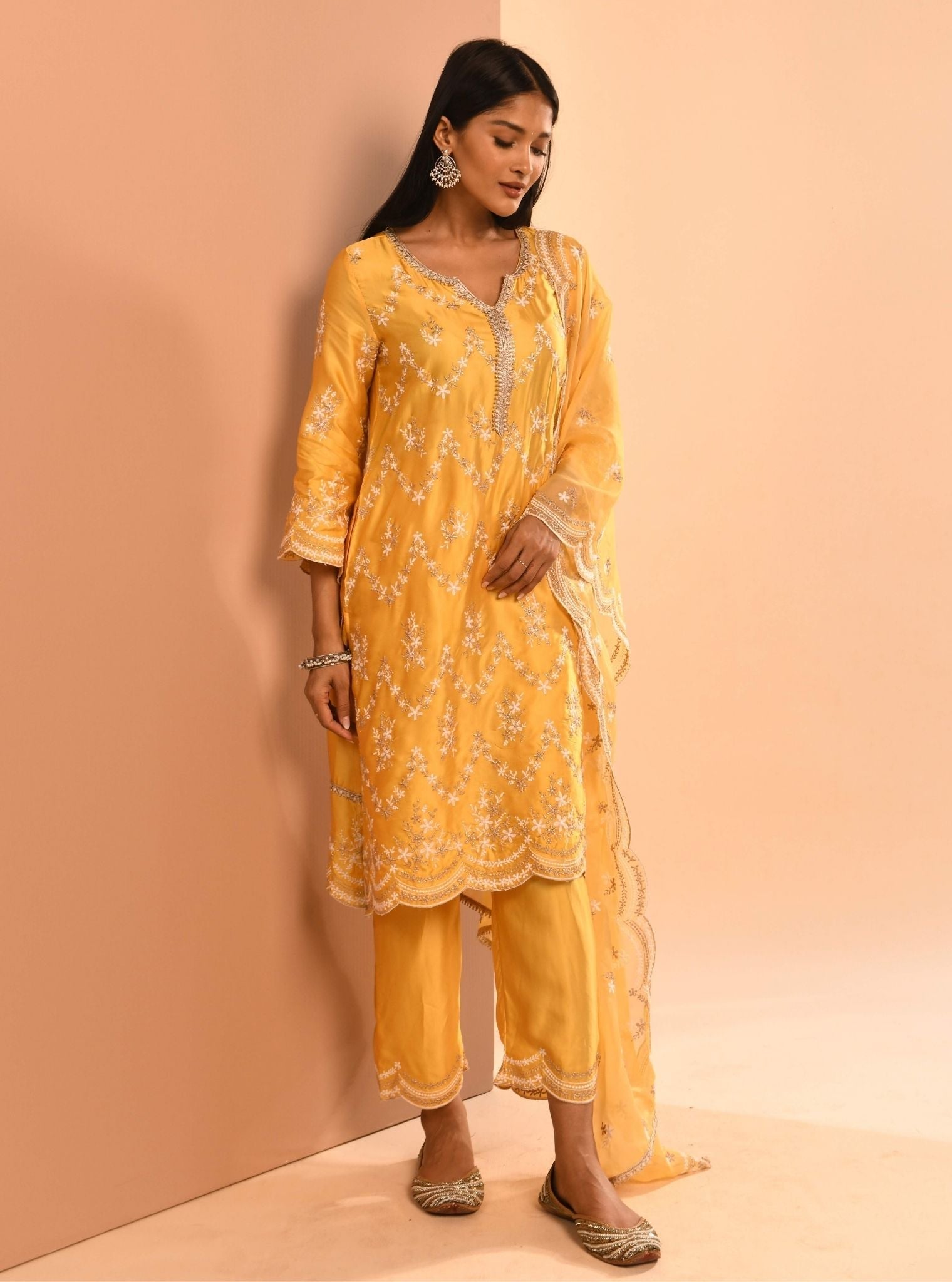 Mulmul Cupro Valaya Yellow Kurta With Mulmul Cupro Valaya Yellow Pant