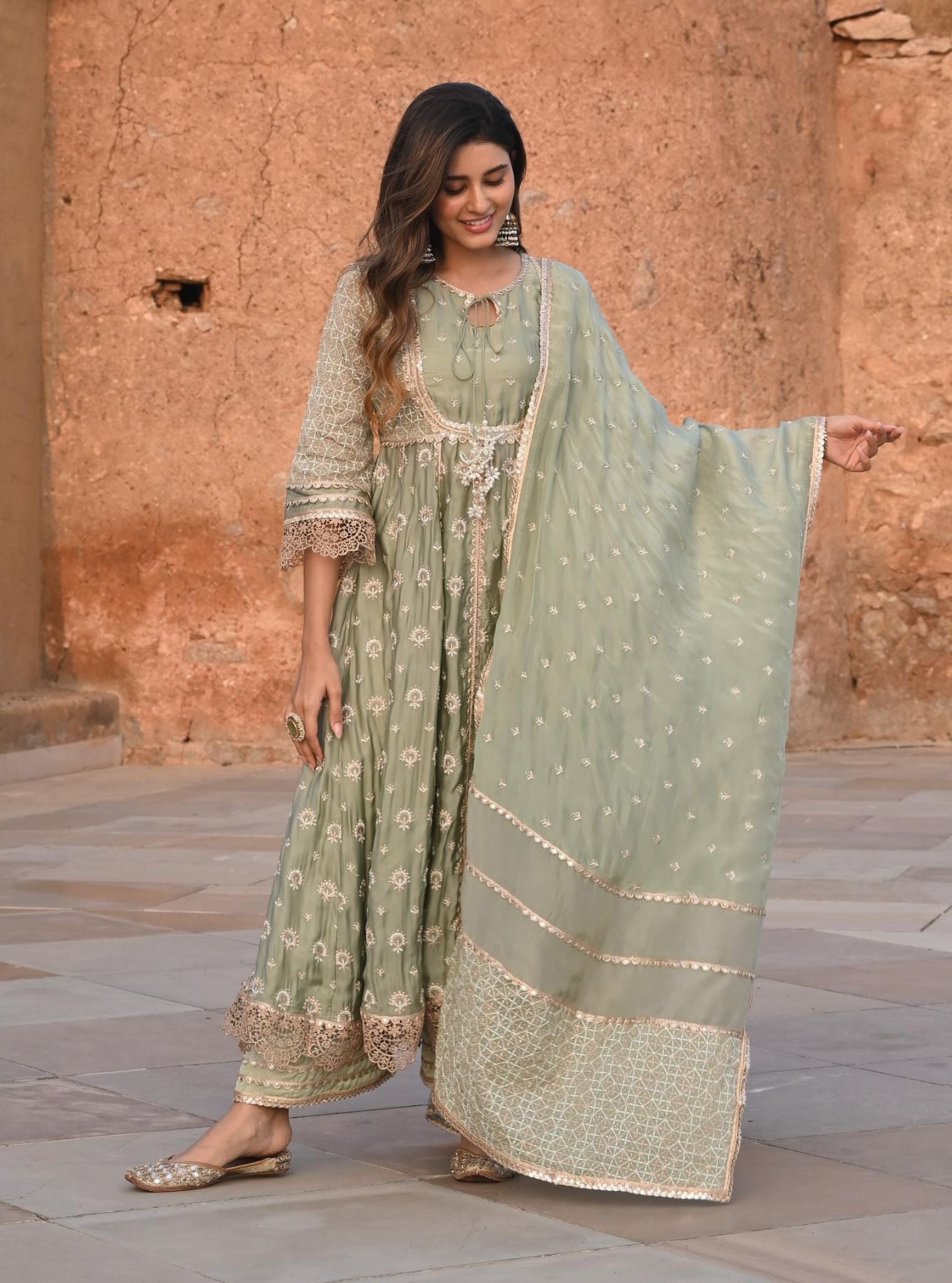 Mulmul Organza Satin Navrai Sage Green Anarkali Kurta with Mulmul Modal Satin Navrai Sage Green Pant