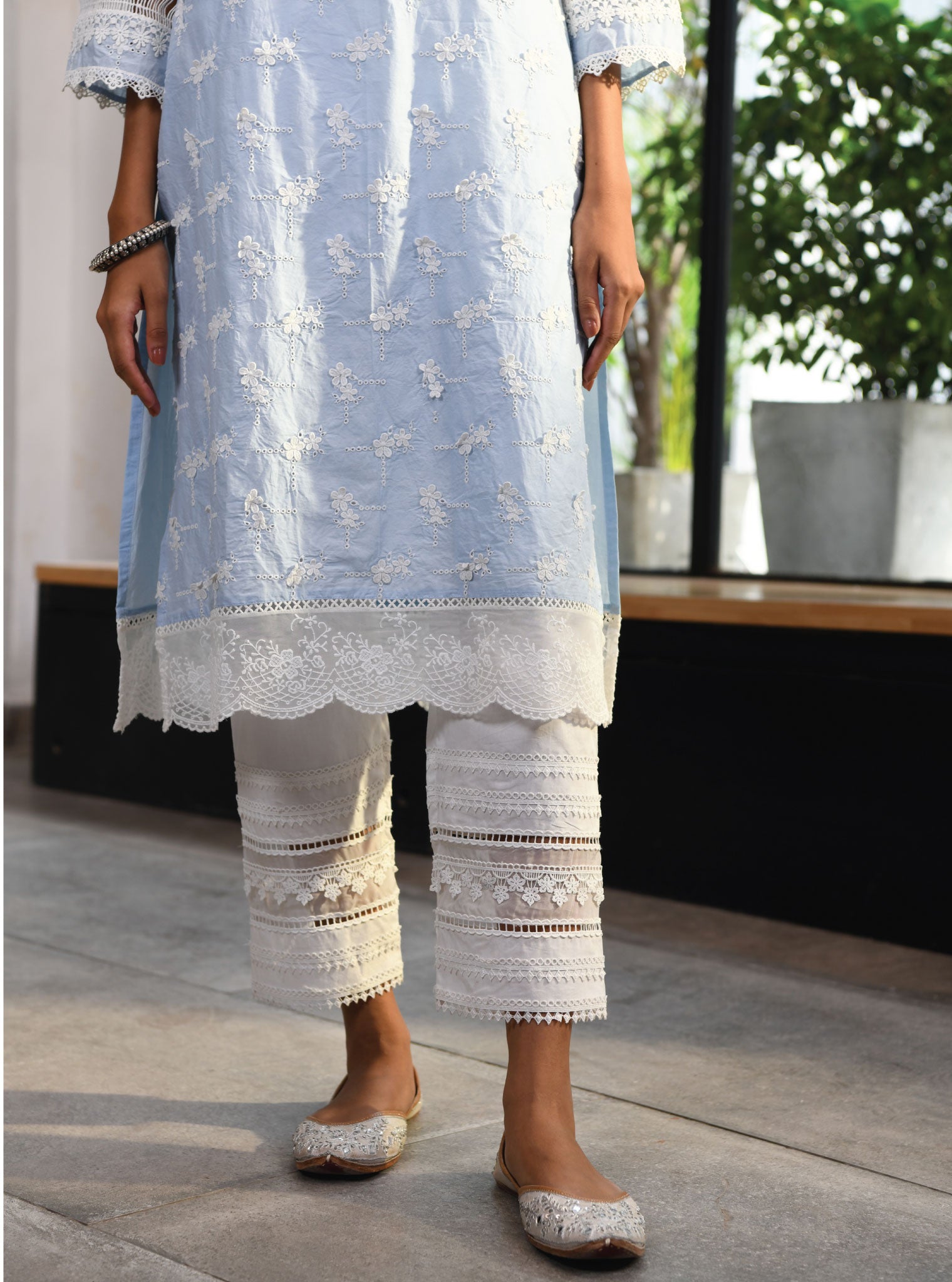 Kai Blue Cotton Kurta and White Pants  Plain kurti designs How to look  classy Kurta patterns
