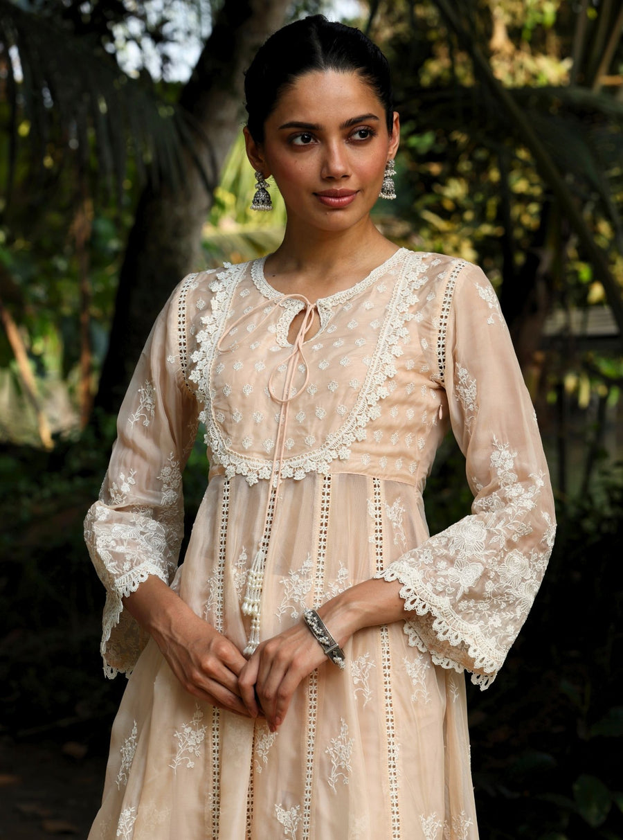 Dori Organza Beige Anarkali Kurta Set