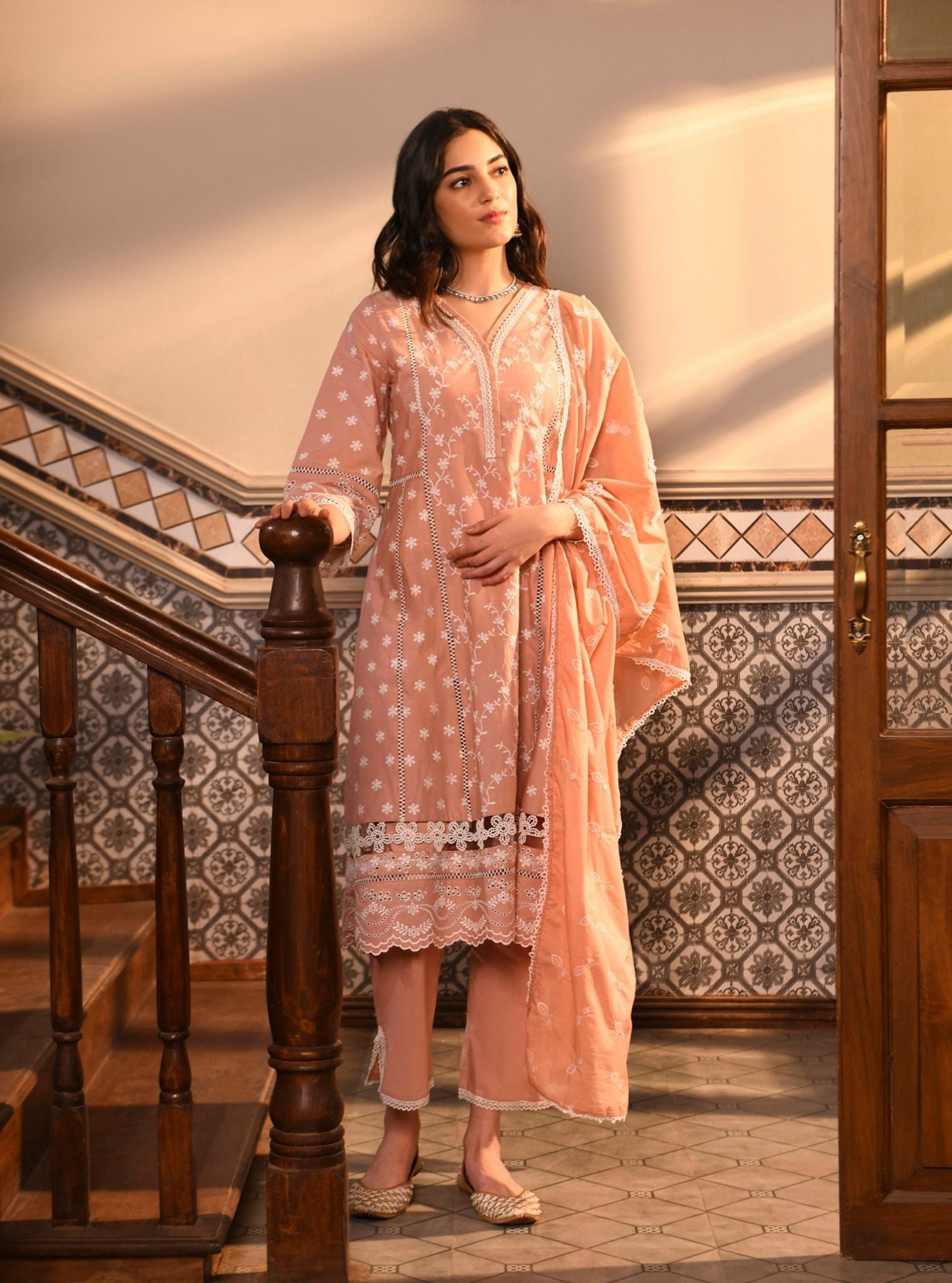 Mulmul Cotton Kiana Peach Kurta With Mulmul Cotton Kiana Peach Pant