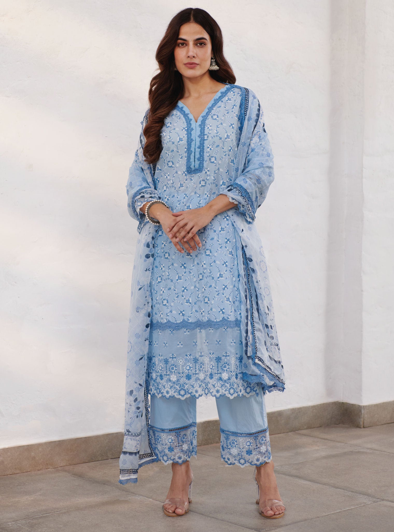 Mulmul Cotton Trent Blue Kurta With Trent Blue Pant