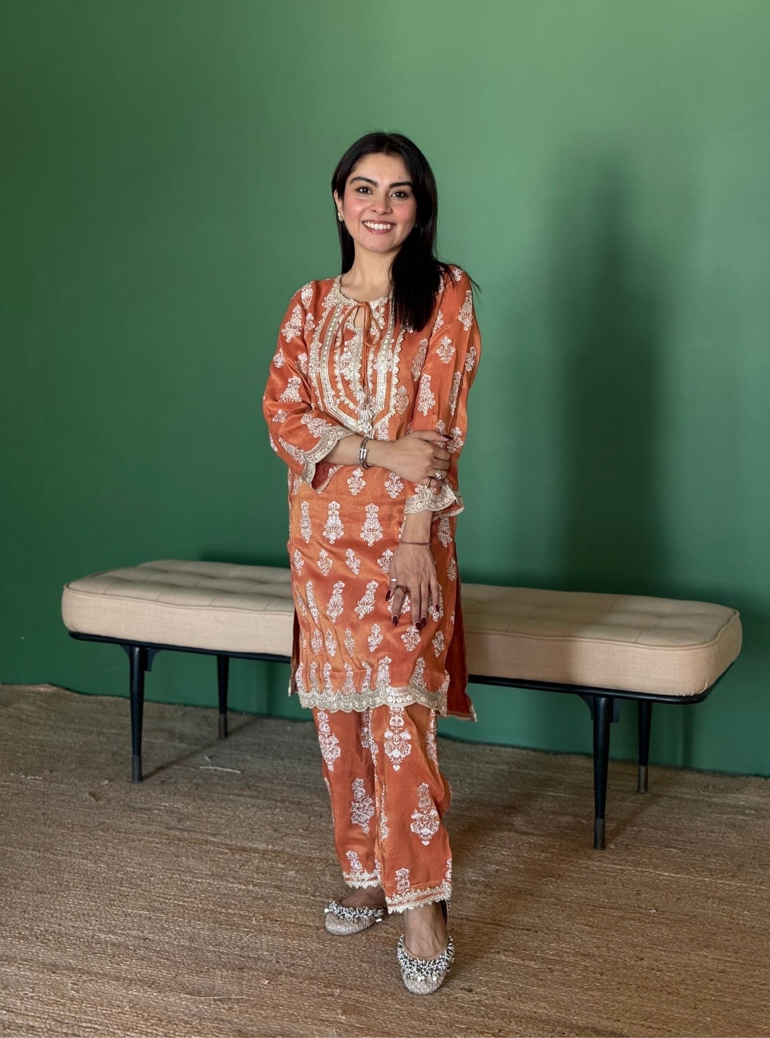 Intira Tissue Linen Satin Burnt Orange Kurta Set