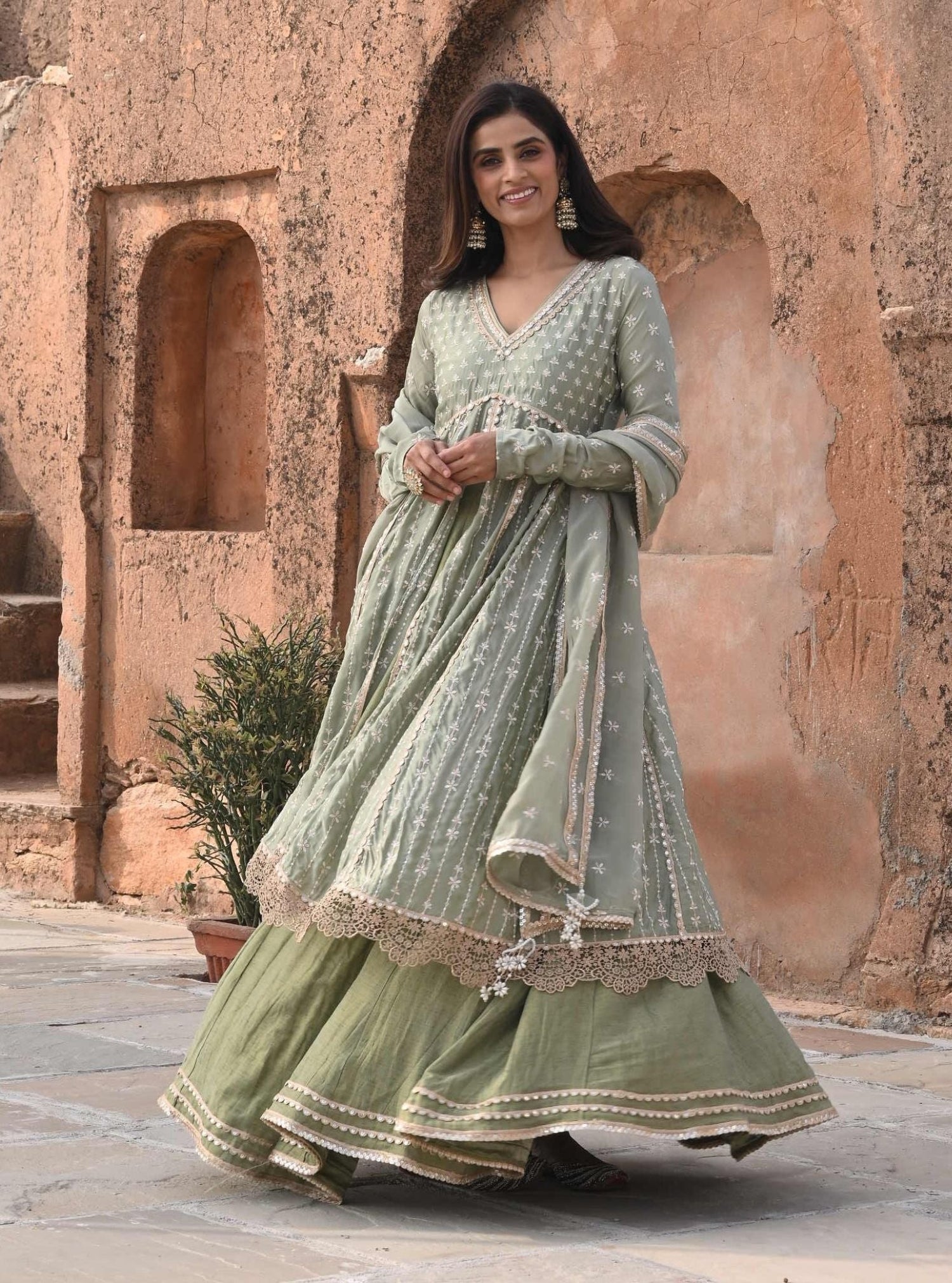 MONOMEE NAMYA SAGE GREEN SATIN LACE KURTI
