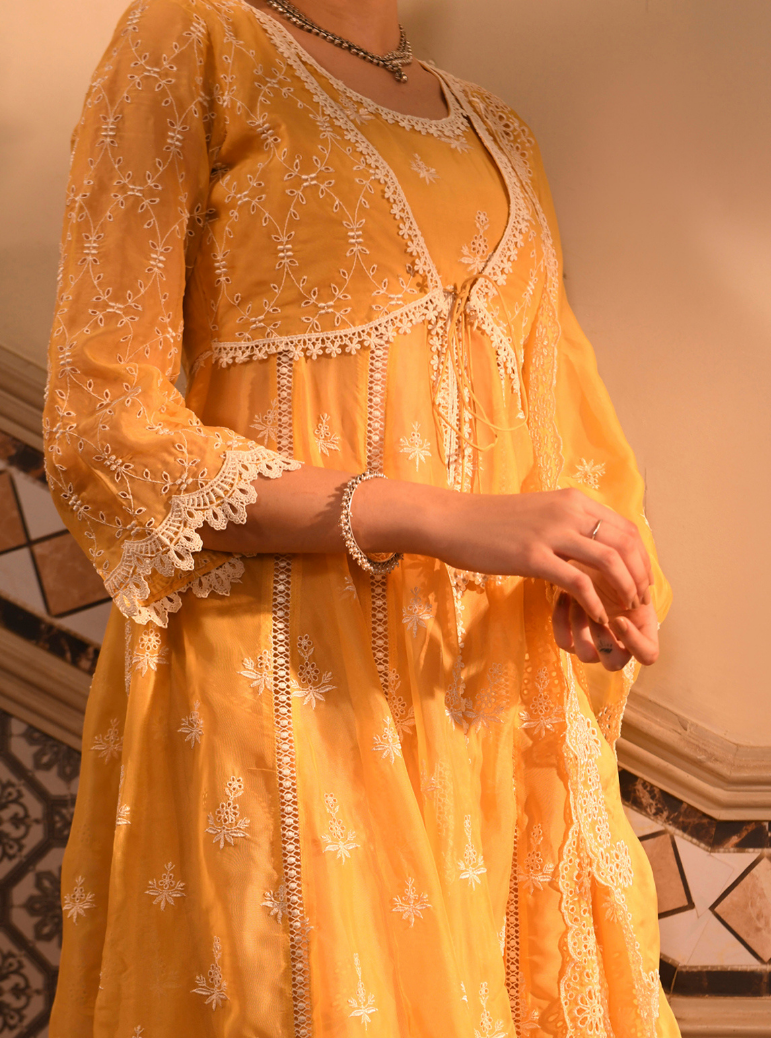 Mulmul Organza Nyla Yellow Kurta With Mulmul Cotton Nyla Yellow Pant