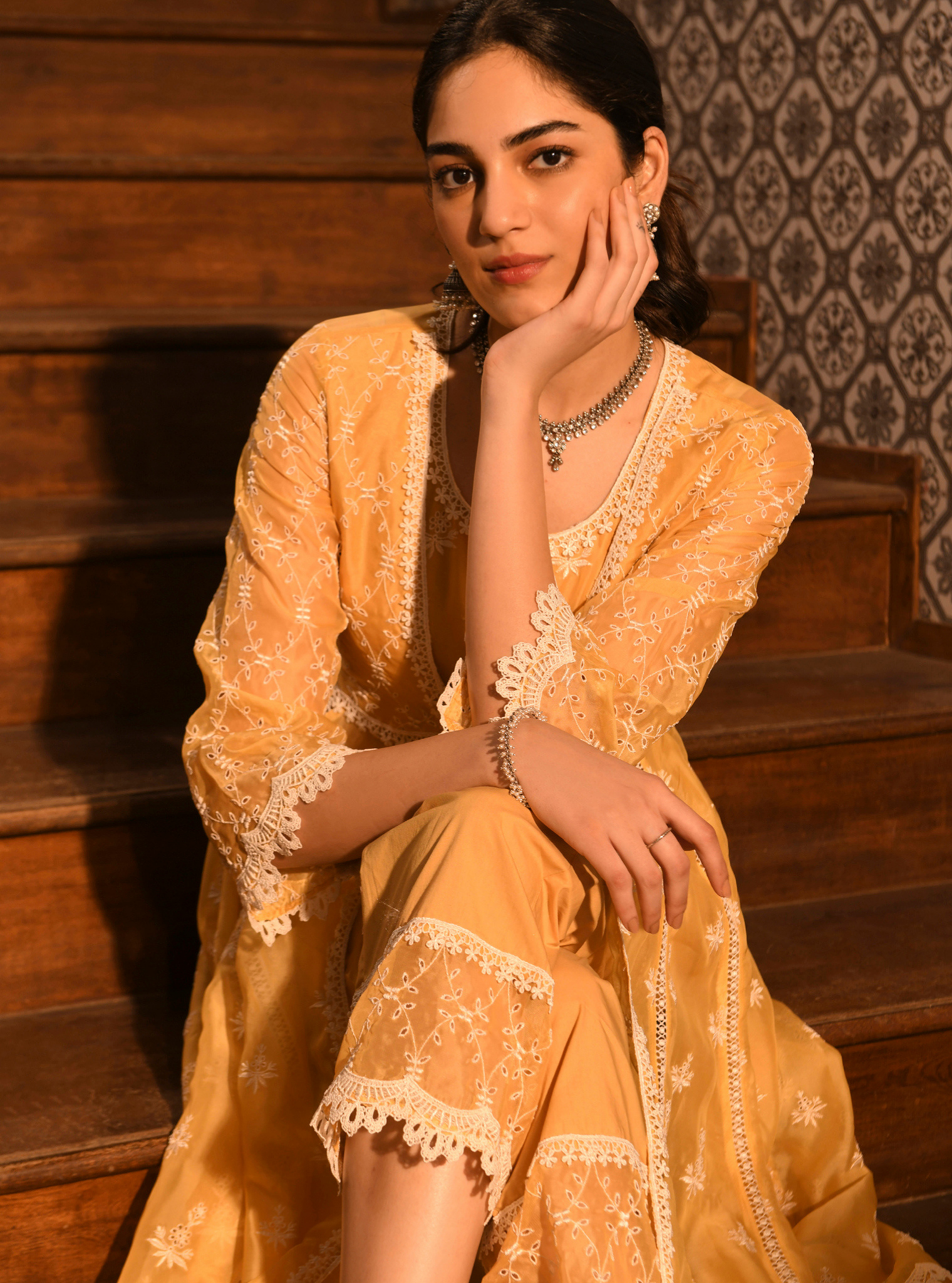 Mulmul Organza Nyla Yellow Kurta With Mulmul Cotton Nyla Yellow Pant