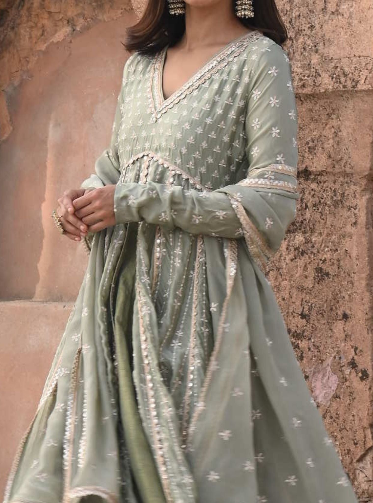 Mulmul Organza Satin Jhoom Sage Green Anarkali Kurta with Mulmul Luxe Tissue Satin Jhoom Sage Green Lehenga