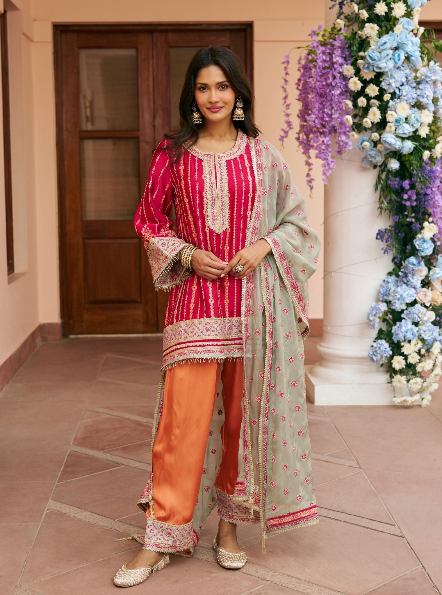 Jhumri Cupro Satin Rani Pink Kurta Set