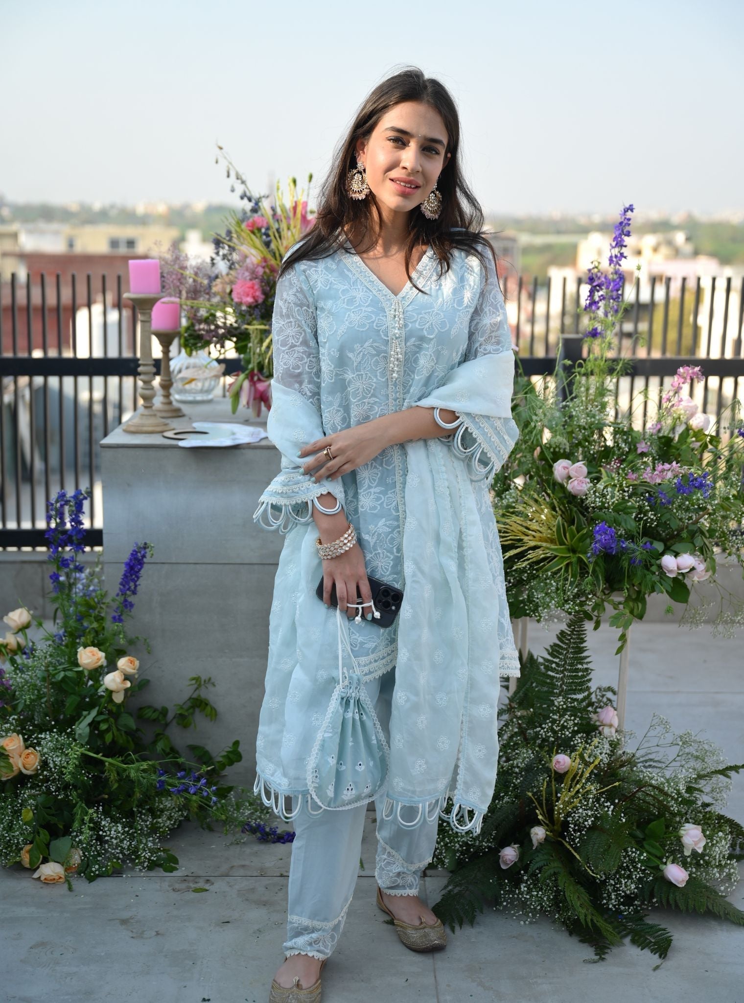 Mulmul Organza Alma Light Blue Kurta With Mulmul Cotton Alma Light Blue Pant