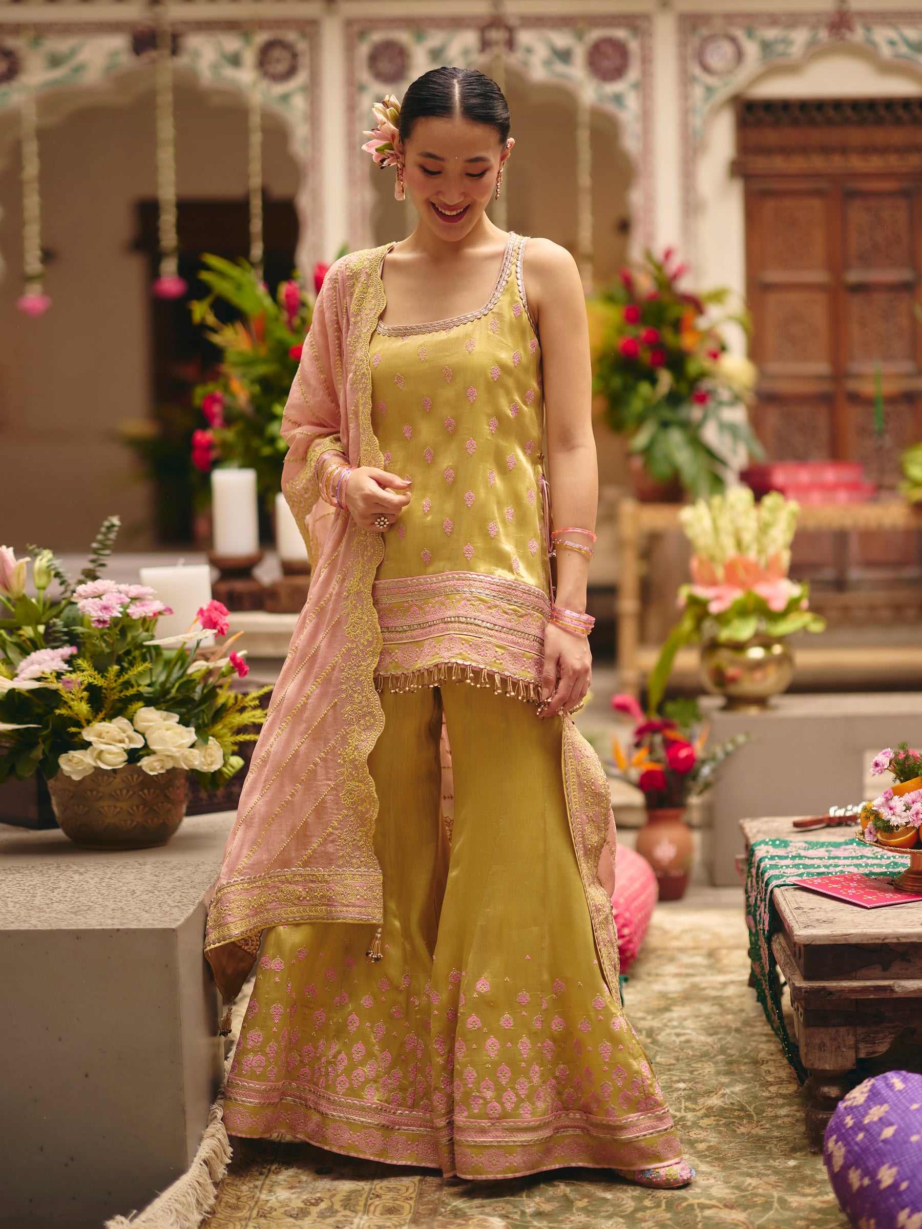 Jugal Bemberg Tissue Lime Kurta with Sharara