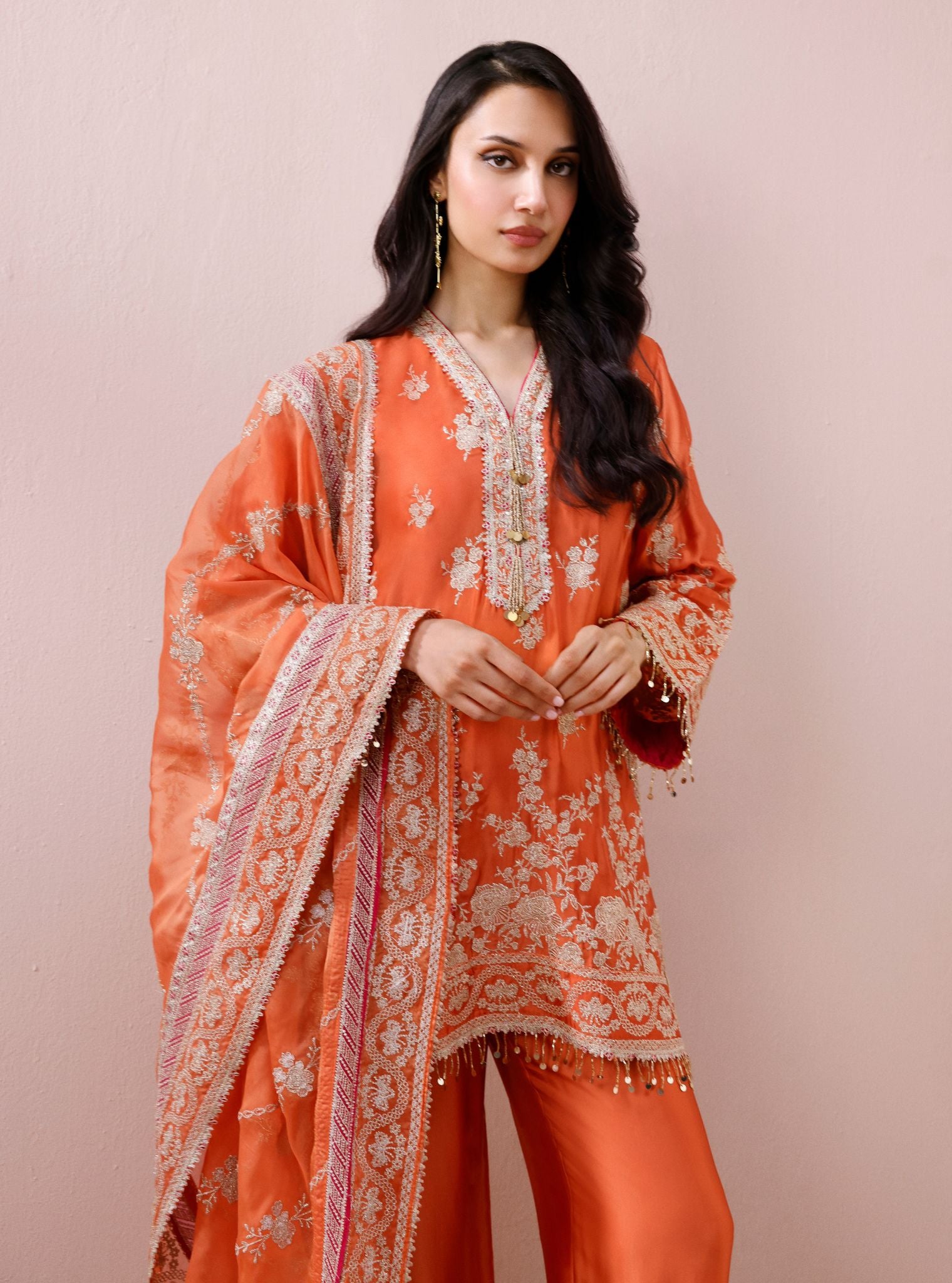 Saaj Cupro Satin Orange Kurta Set