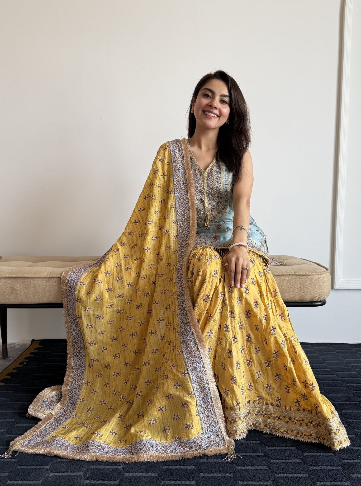 Dali Banarasi Blue Kurta with Mustard Garara